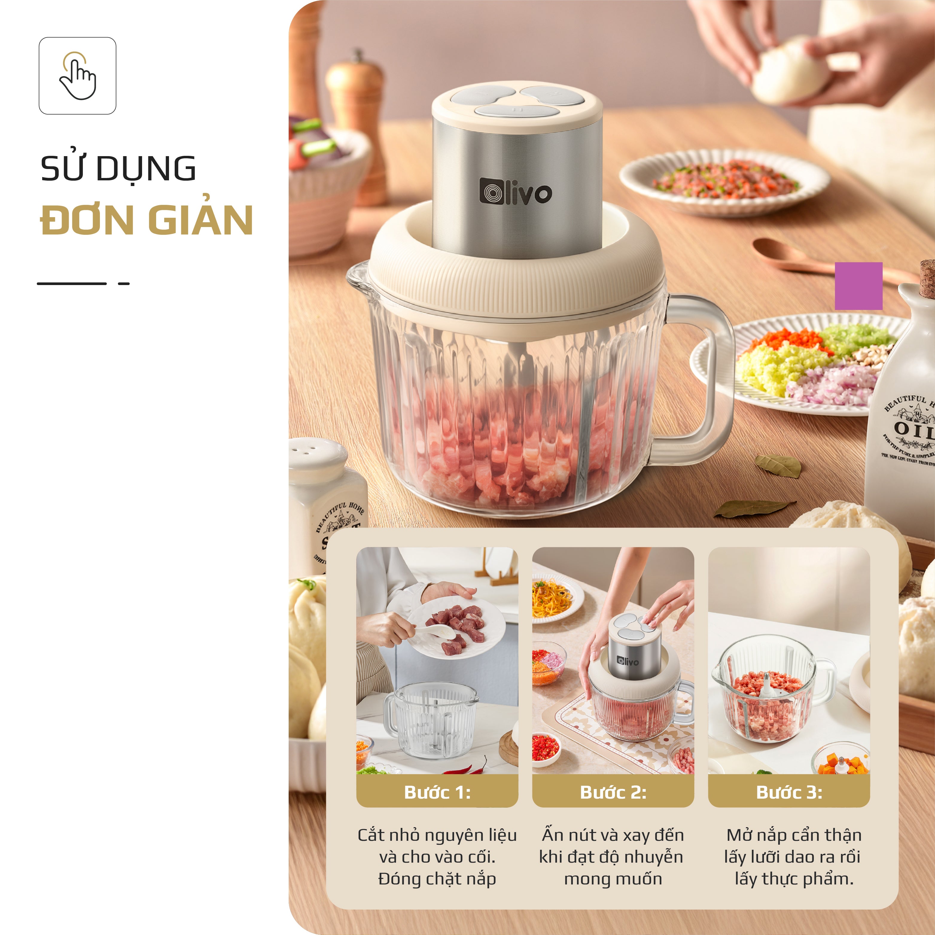 Máy Xay Thực Phẩm Đa Năng OLIVO FC25 - 2 Cối Xay - Dung Tích 2L Và 300ML - Công Suất 300W - 3 Chế Độ Xay