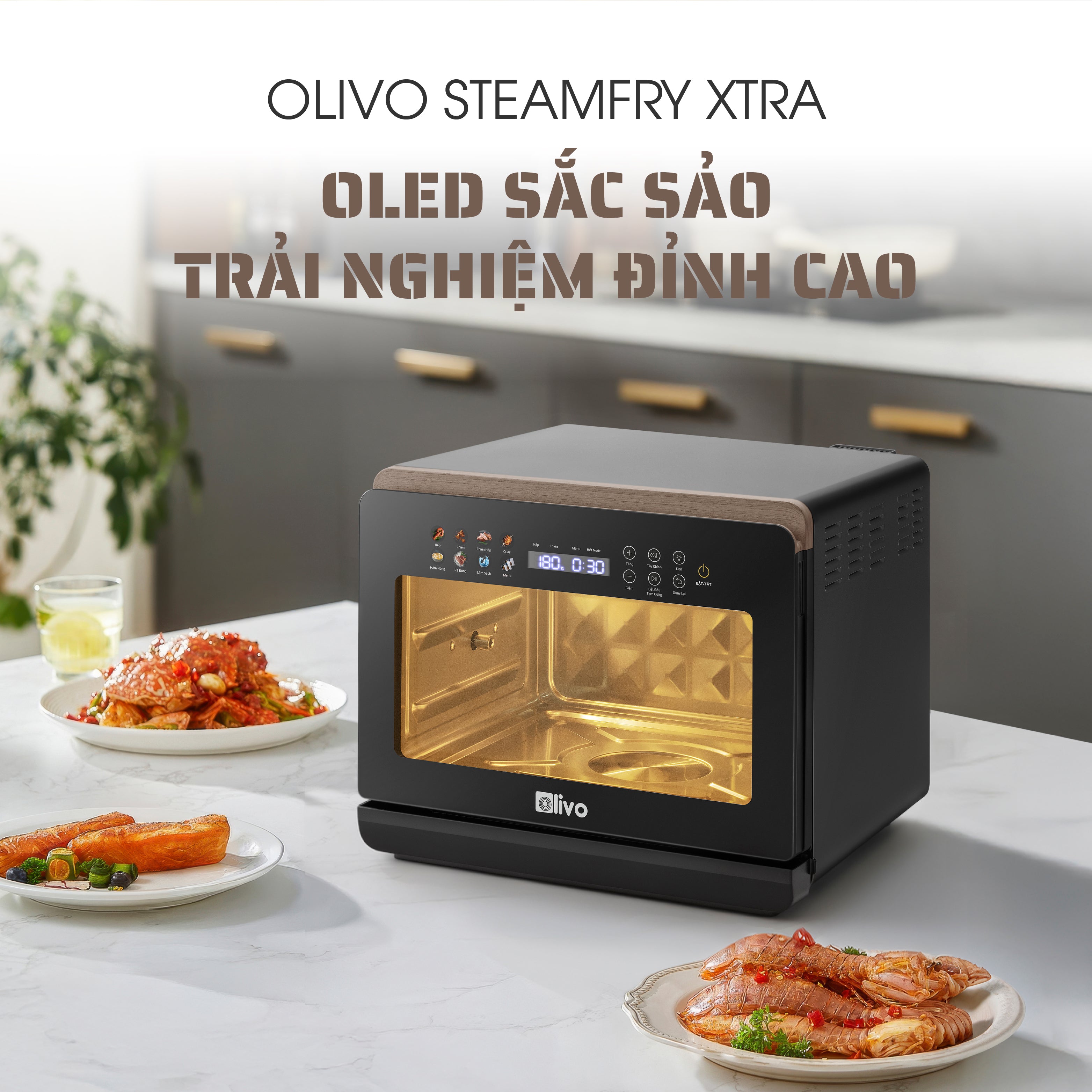 Nồi Chiên Hấp Đa Năng OLIVO SteamFry Xtra – Phiên Bản Cao Cấp, Bảng Điều Khiển OLED, Dung tích vượt trội 20L, Hấp Nano Steam/Chiên Eco Fry thế hệ thứ 2, 70 Chế Độ Cài Sẵn, Vệ Sinh Dễ Dàng