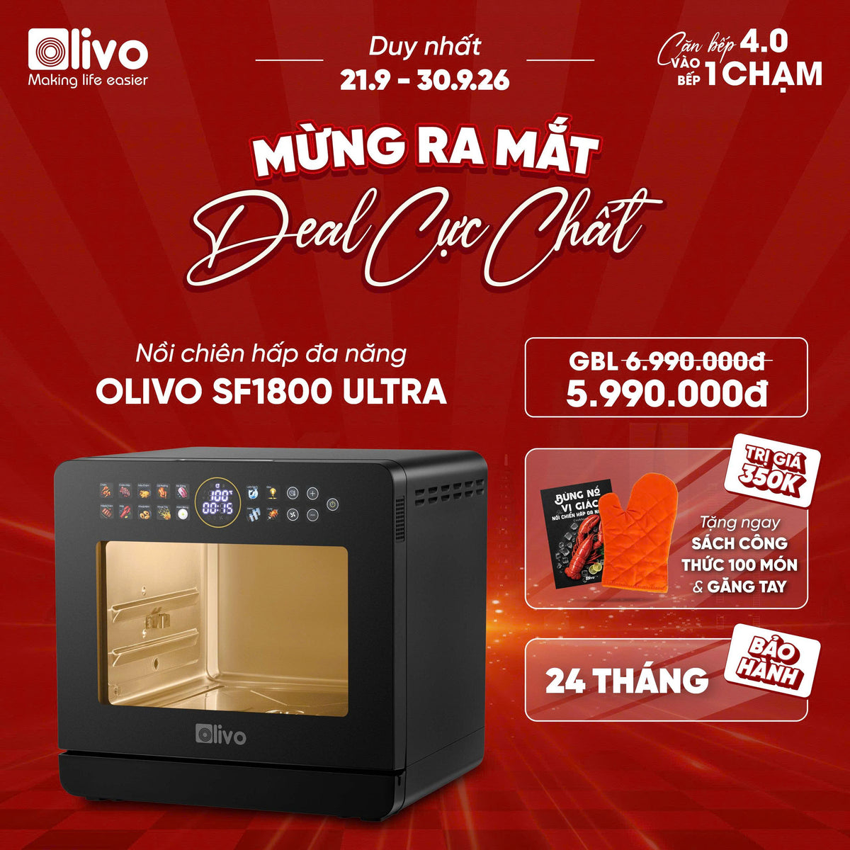 Nồi Chiên Hấp Đa Năng OLIVO SF1800 ULTRA - Dung Tích 18L - Công Nghệ Hấp GreenSteam/Chiên Eco Fry, 100 Chế Độ Cài Sẵn, Đột Phá Chiên Hấp Đa Giai Đoạn, Màu Titanium, Bảng Điều Khiển OLED Cao Cấp