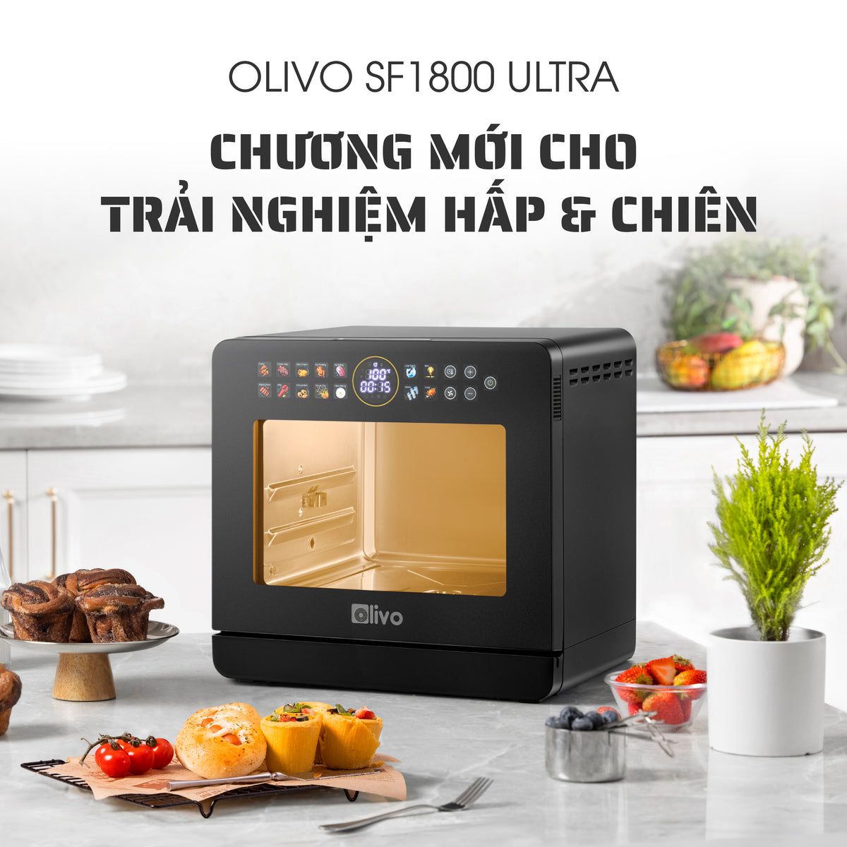 Nồi Chiên Hấp Đa Năng OLIVO SF1800 ULTRA - Dung Tích 18L - Công Nghệ Hấp GreenSteam/Chiên Eco Fry, 100 Chế Độ Cài Sẵn, Đột Phá Chiên Hấp Đa Giai Đoạn, Màu Titanium, Bảng Điều Khiển OLED Cao Cấp