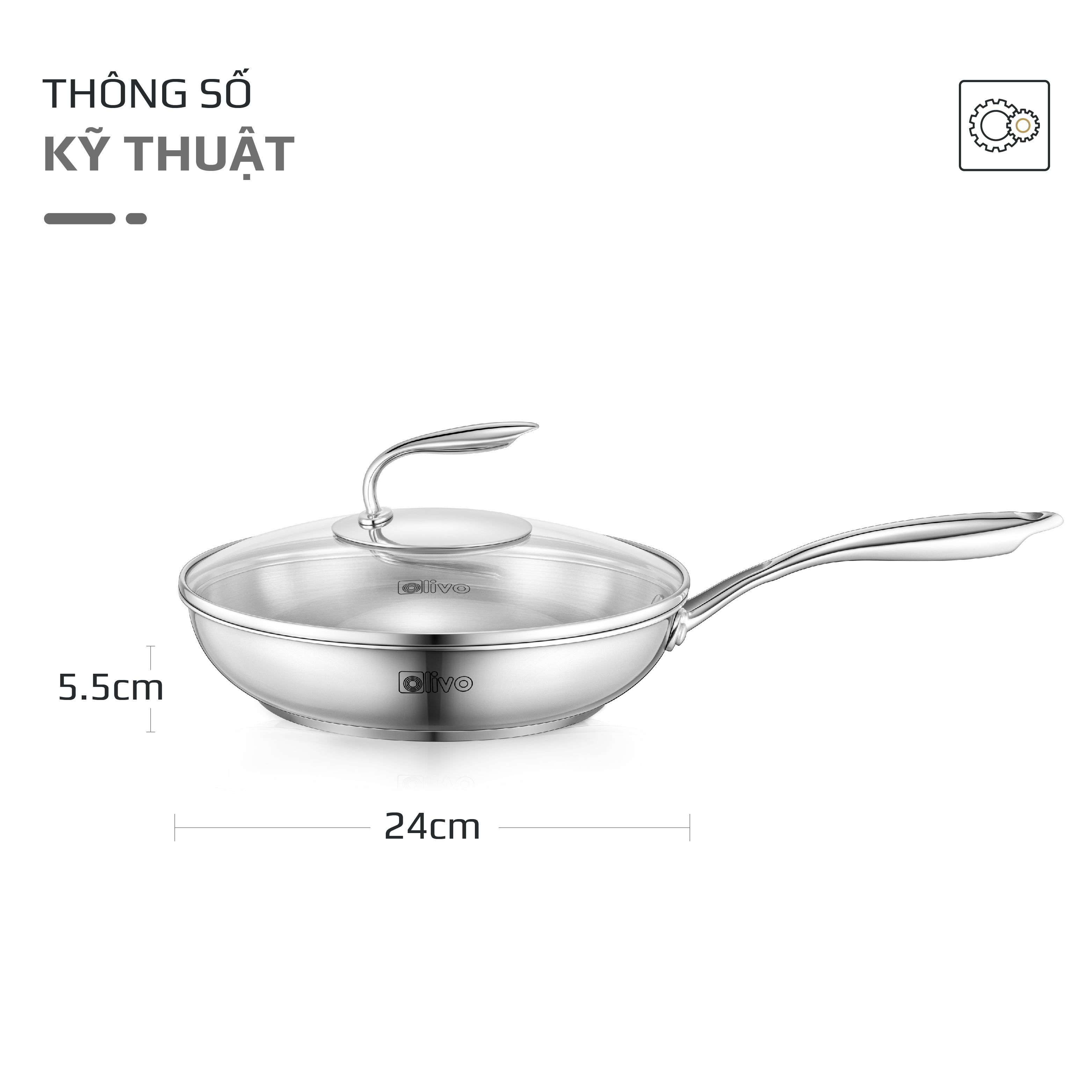 Chảo INOX OLIVO STEVE X PRO - Chống Dính Tự Nhiên, Đáy 5 Lớp, Đường Kính 24cm – Nấu Được Trên Mọi Loại Bếp