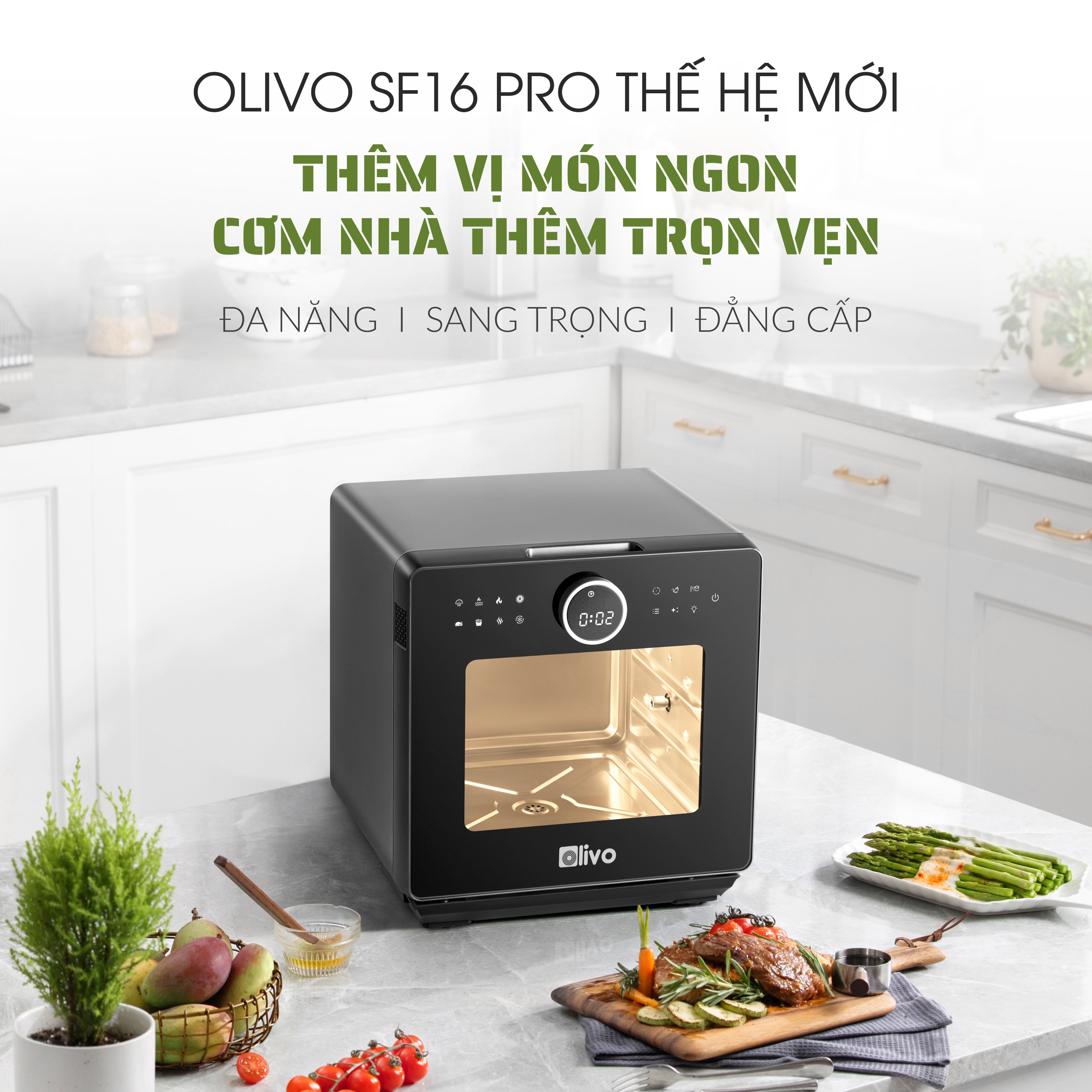 Nồi Chiên Hấp Đa Năng OLIVO SF16 PRO 2025 - 70 Chế Độ Cài Sẵn, Toàn Bộ Khoang Nồi Và Phụ Kiện Bằng Inox 304 Cao Cấp, Dung Tích 16L, Vệ Sinh Dễ Dàng