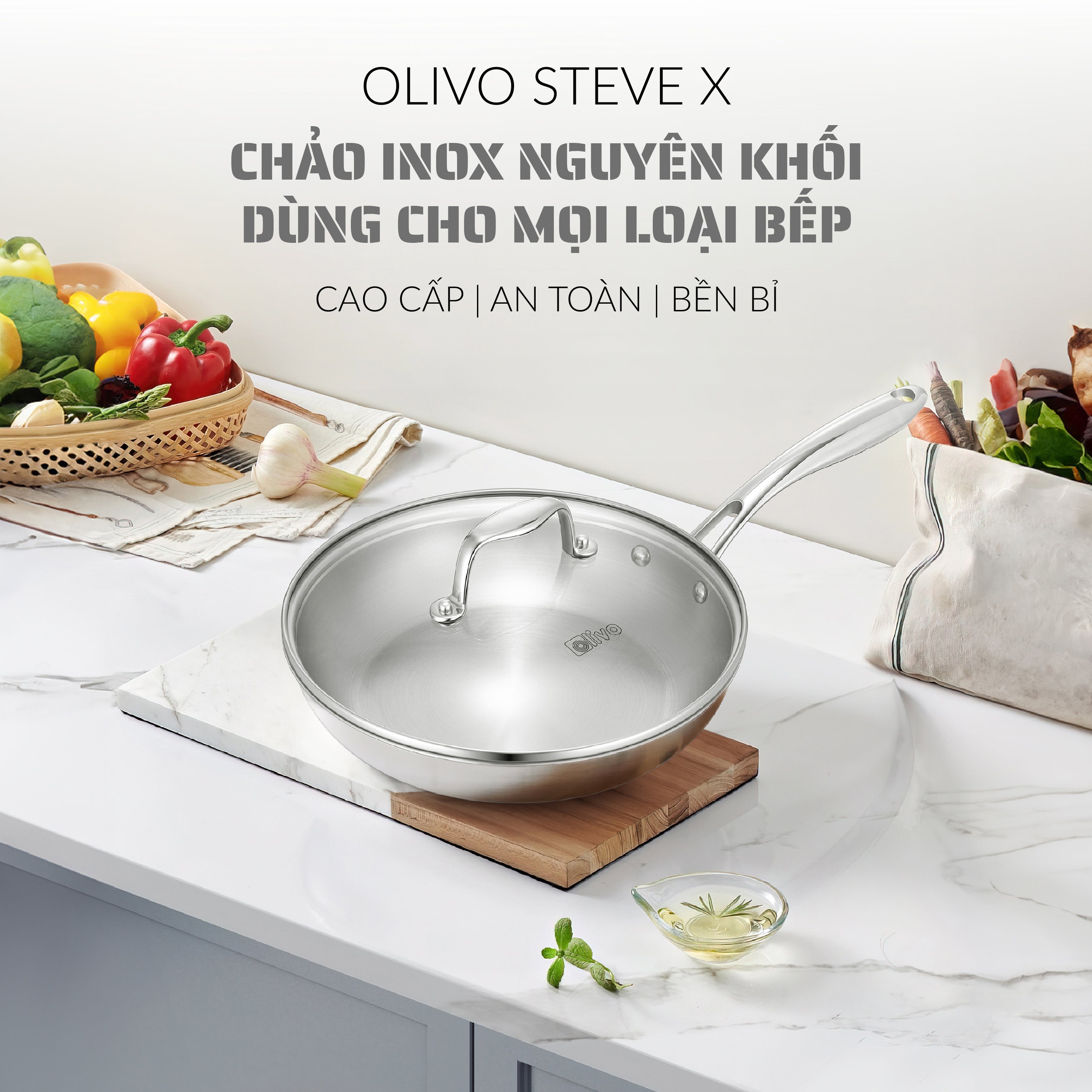 CHẢO 4 LỚP INOX OLIVO STEVE X - Chống Dính Tự Nhiên, Đường Kính 24cm – Nấu Được Trên Mọi Loại Bếp