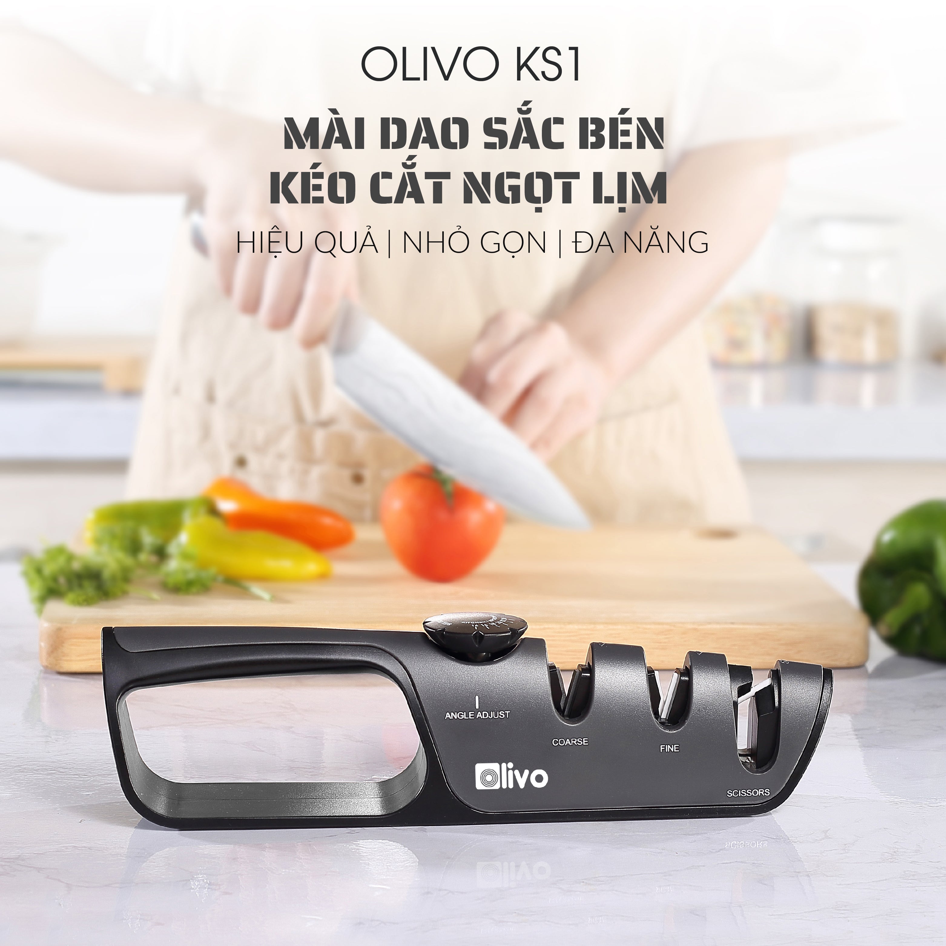 Dụng Cụ Mài Dao Kéo OLIVO KS1 - Làm Sắc Nhanh - 3 Khe Mài Riêng Biệt - Núm Xoay Điều Chỉnh Góc Mài - Dễ Sử Dụng