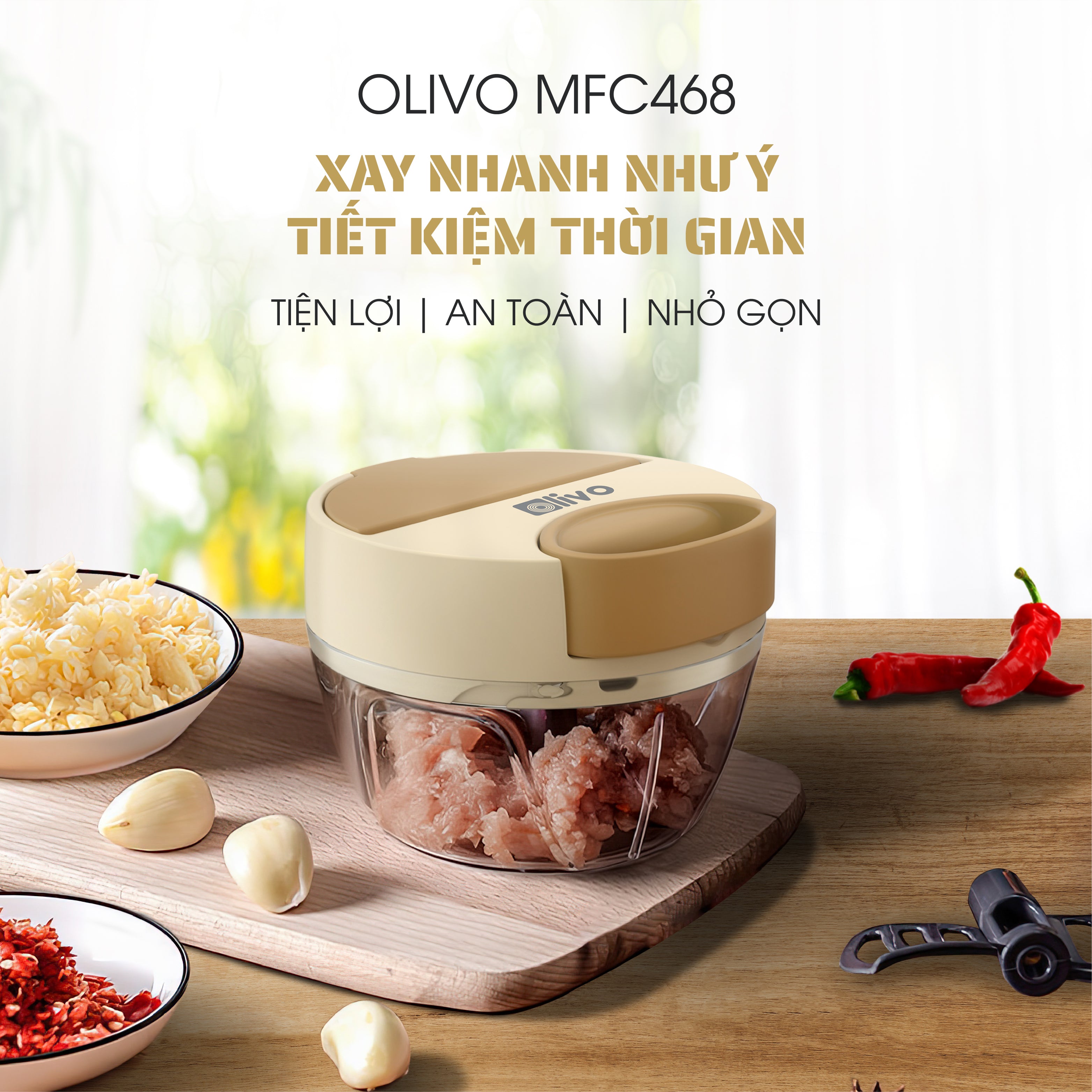 Dụng Cụ Xay Thực Phẩm Đa Năng Mini OLIVO MFC468 – Xay Tỏi Ớt, Xay Thịt, Xay Hạt Tiện Lợi – Nắp Lật Tiện Dụng - Dây Kéo Chắc Chắn – Dung Tích 400ML – Dễ Dàng Vệ Sinh