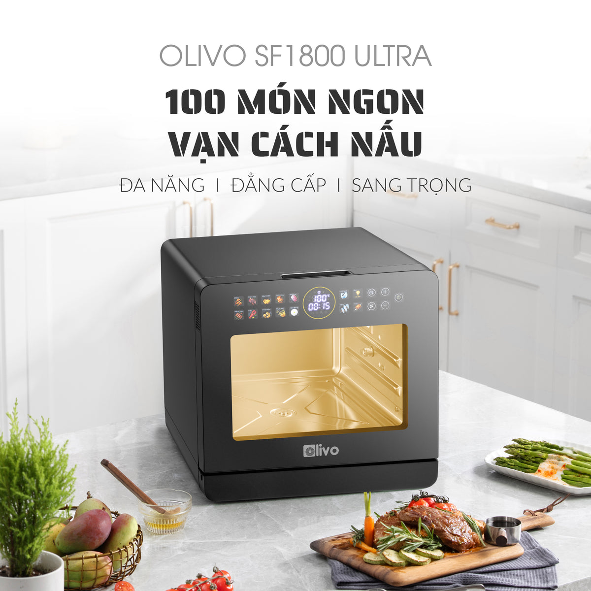 Nồi Chiên Hấp Đa Năng OLIVO SF1800 ULTRA - Dung Tích 18L - Công Nghệ Hấp GreenSteam/Chiên Eco Fry, 100 Chế Độ Cài Sẵn, Đột Phá Chiên Hấp Đa Giai Đoạn, Màu Titanium, Bảng Điều Khiển OLED Cao Cấp