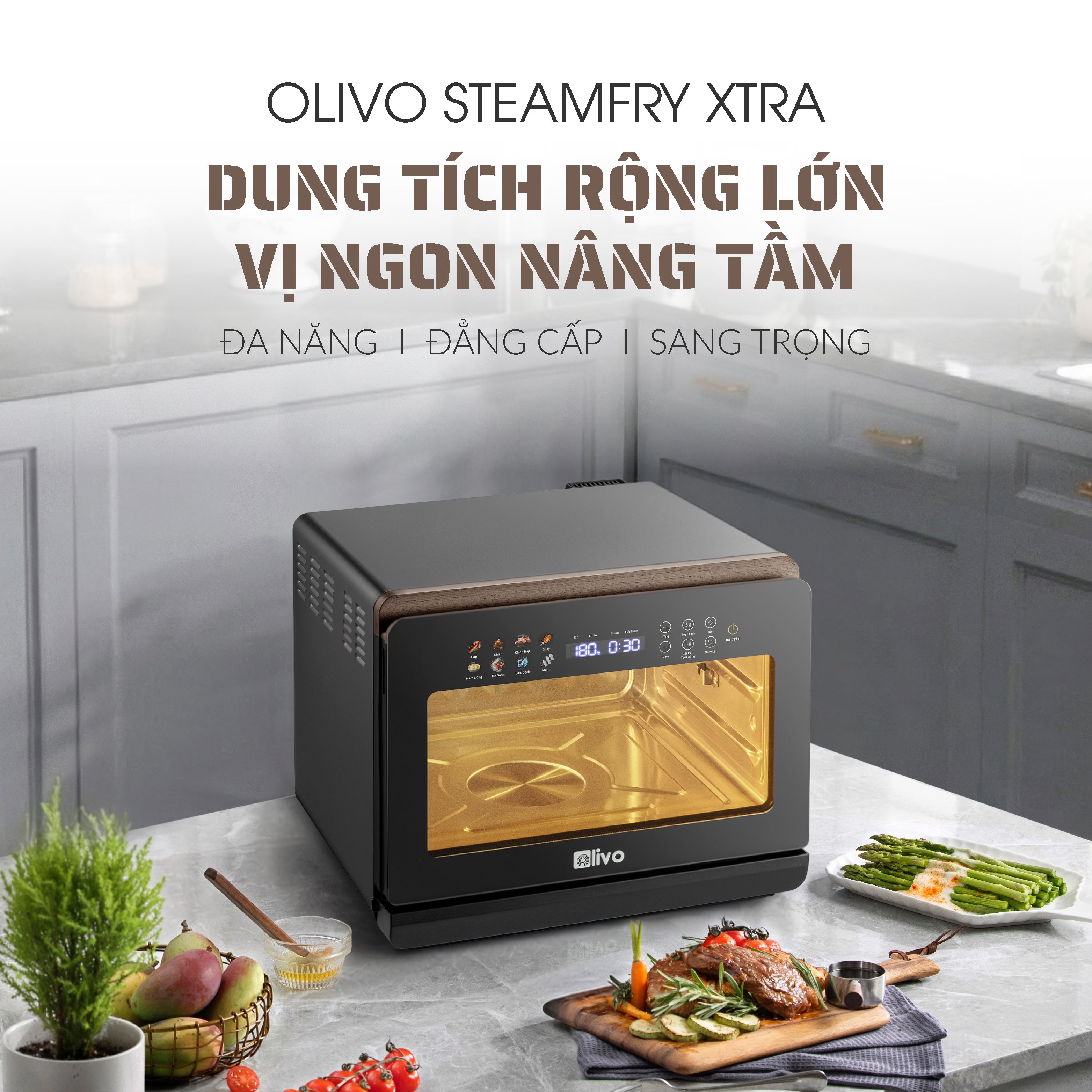 Nồi Chiên Hấp Đa Năng OLIVO SteamFry Xtra – Phiên Bản Cao Cấp, Bảng Điều Khiển OLED, Dung tích vượt trội 20L, Hấp Nano Steam/Chiên Eco Fry thế hệ thứ 2, 70 Chế Độ Cài Sẵn, Vệ Sinh Dễ Dàng