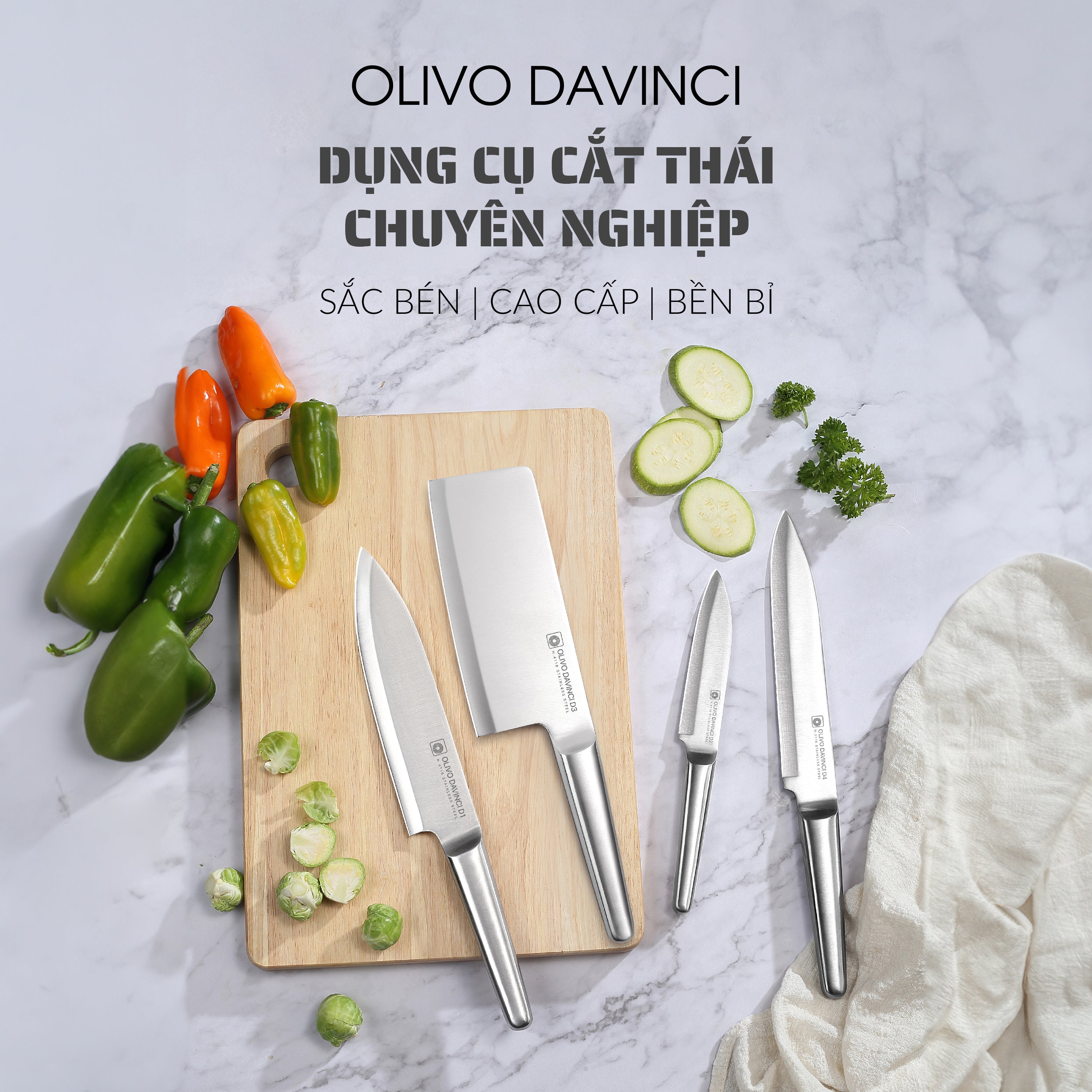 Bộ Dao 3 Món OLIVO DAVINCI - Vật Liệu Cao Cấp - Lưỡi Dao Sắc Bén - Thiết Kế Công Thái Học - Chuôi INOX 430 Siêu Bền
