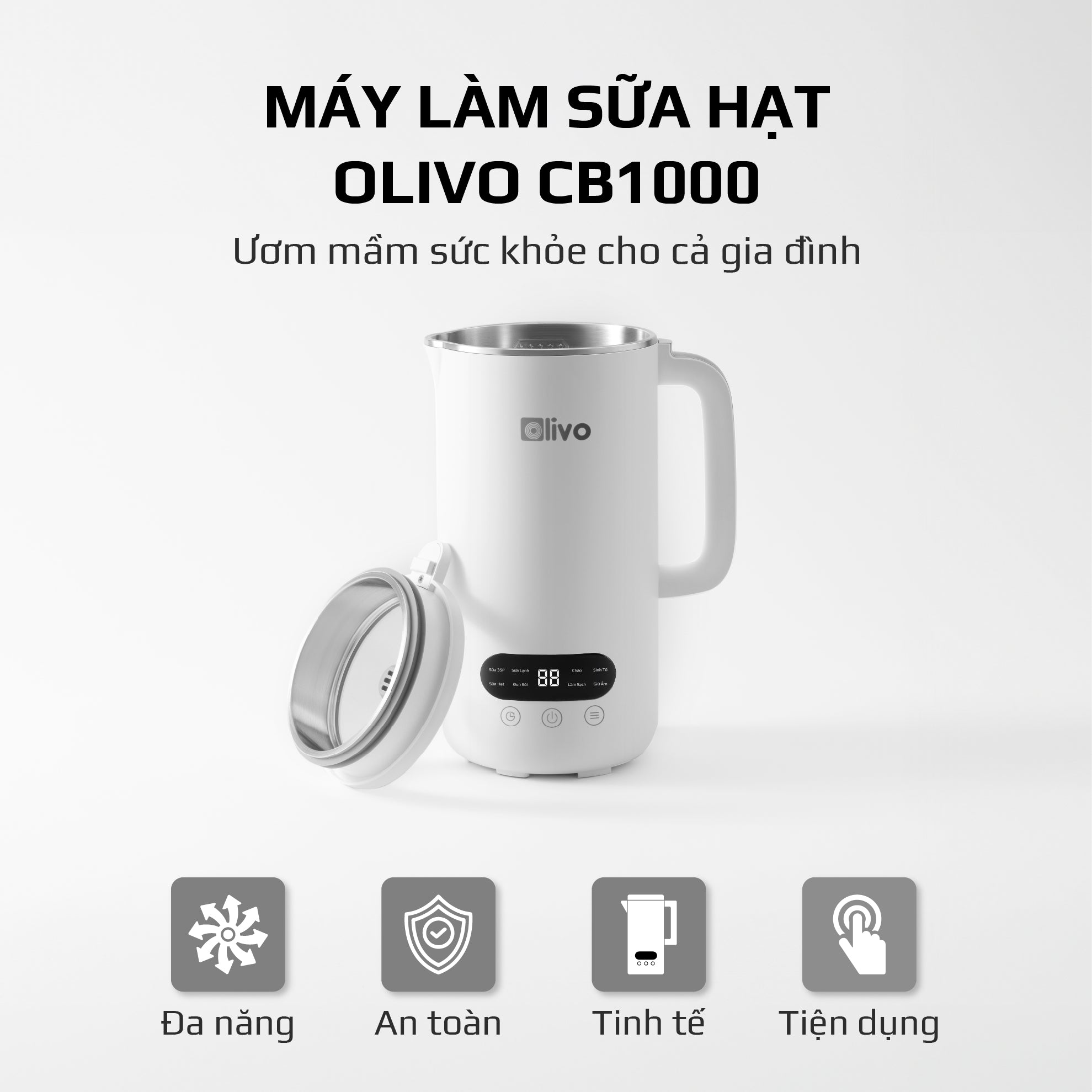 Máy Xay Nấu Đa Năng OLIVO CB1000 - Dung Tích 1L - 9 Chế Độ - Lòng Cối Inox 304 - Nắp Kính Cường Lực - Công Suất 880W - Chống Trào Tuyệt Đối