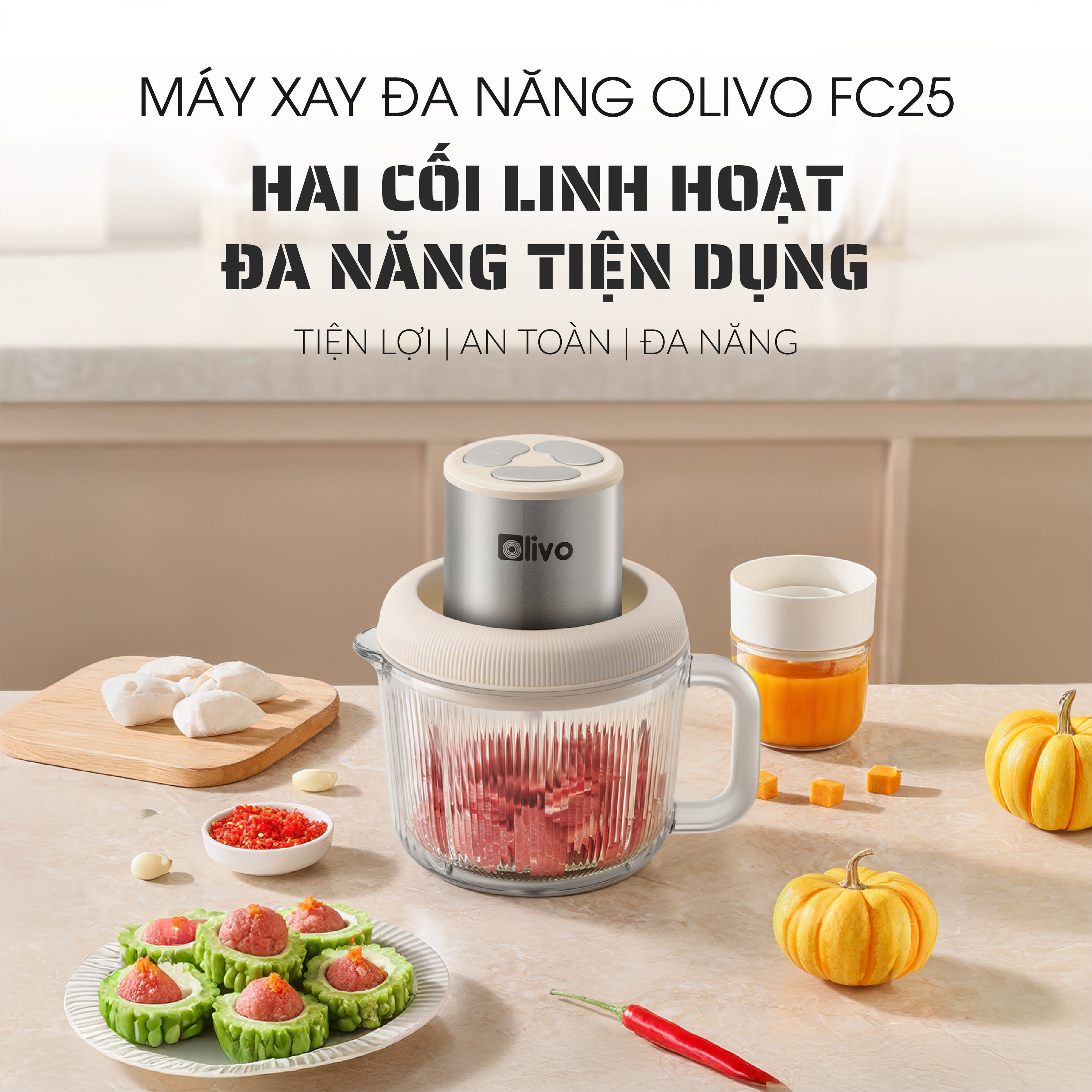 Máy Xay Thực Phẩm Đa Năng OLIVO FC25 - 2 Cối Xay - Dung Tích 2L Và 300ML - Công Suất 300W - 3 Chế Độ Xay