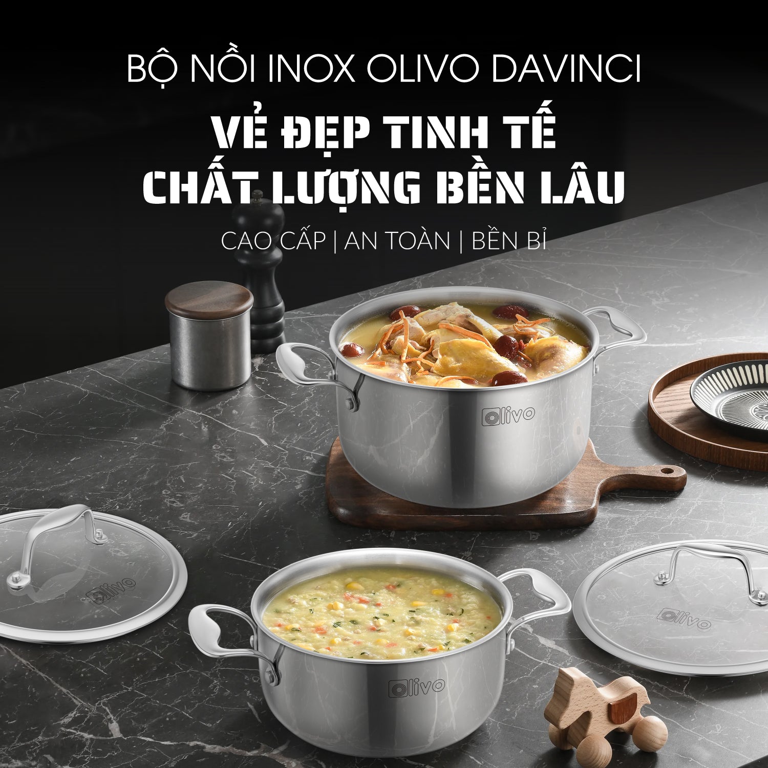 Bộ 2 Nồi OLIVO DAVINCI - Đa Dạng Kích Thước - Inox 3 Lớp - Nắp Kính Cường Lực - Nấu Được Trên Mọi Loại Bếp