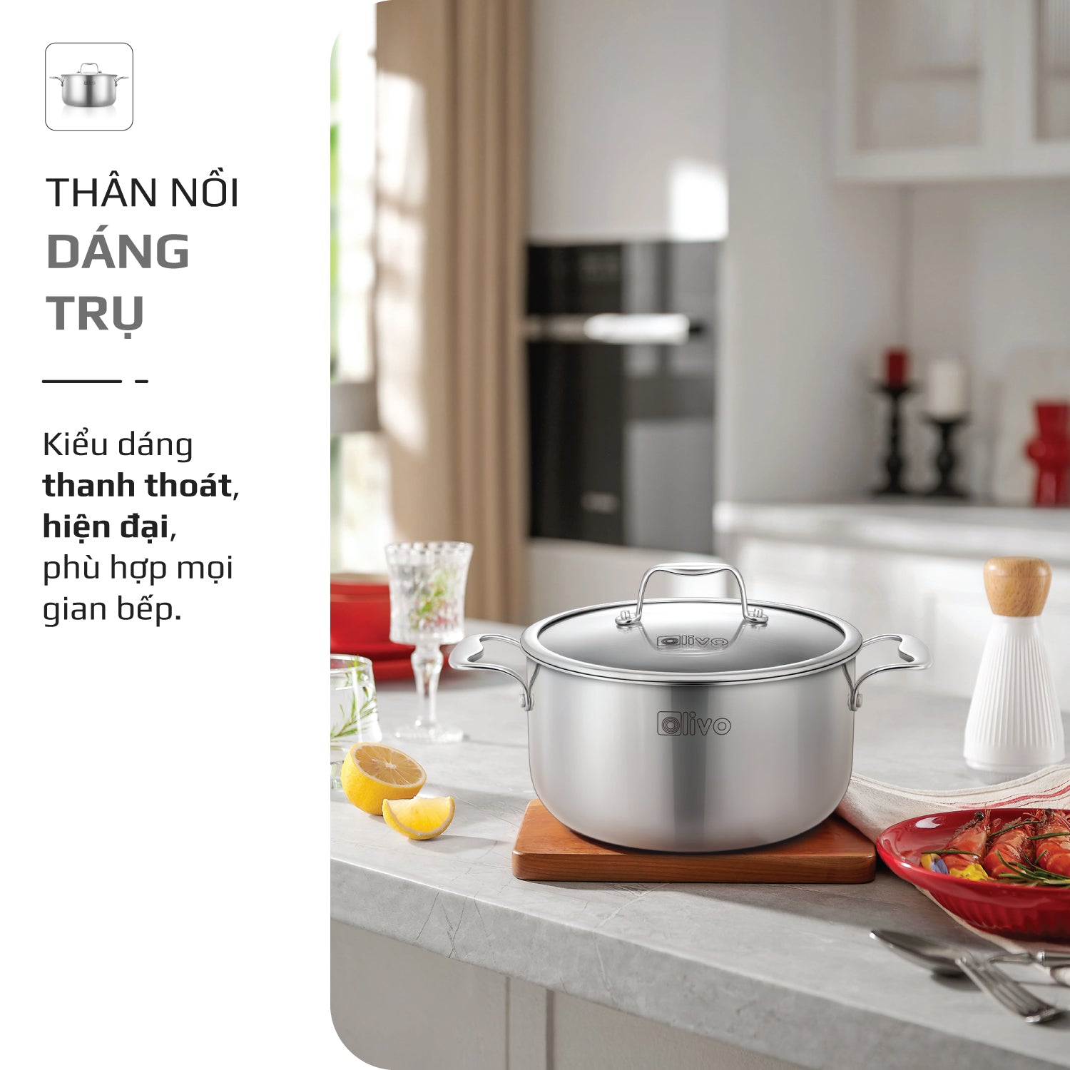 Bộ 2 Nồi OLIVO DAVINCI - Đa Dạng Kích Thước - Inox 3 Lớp - Nắp Kính Cường Lực - Nấu Được Trên Mọi Loại Bếp