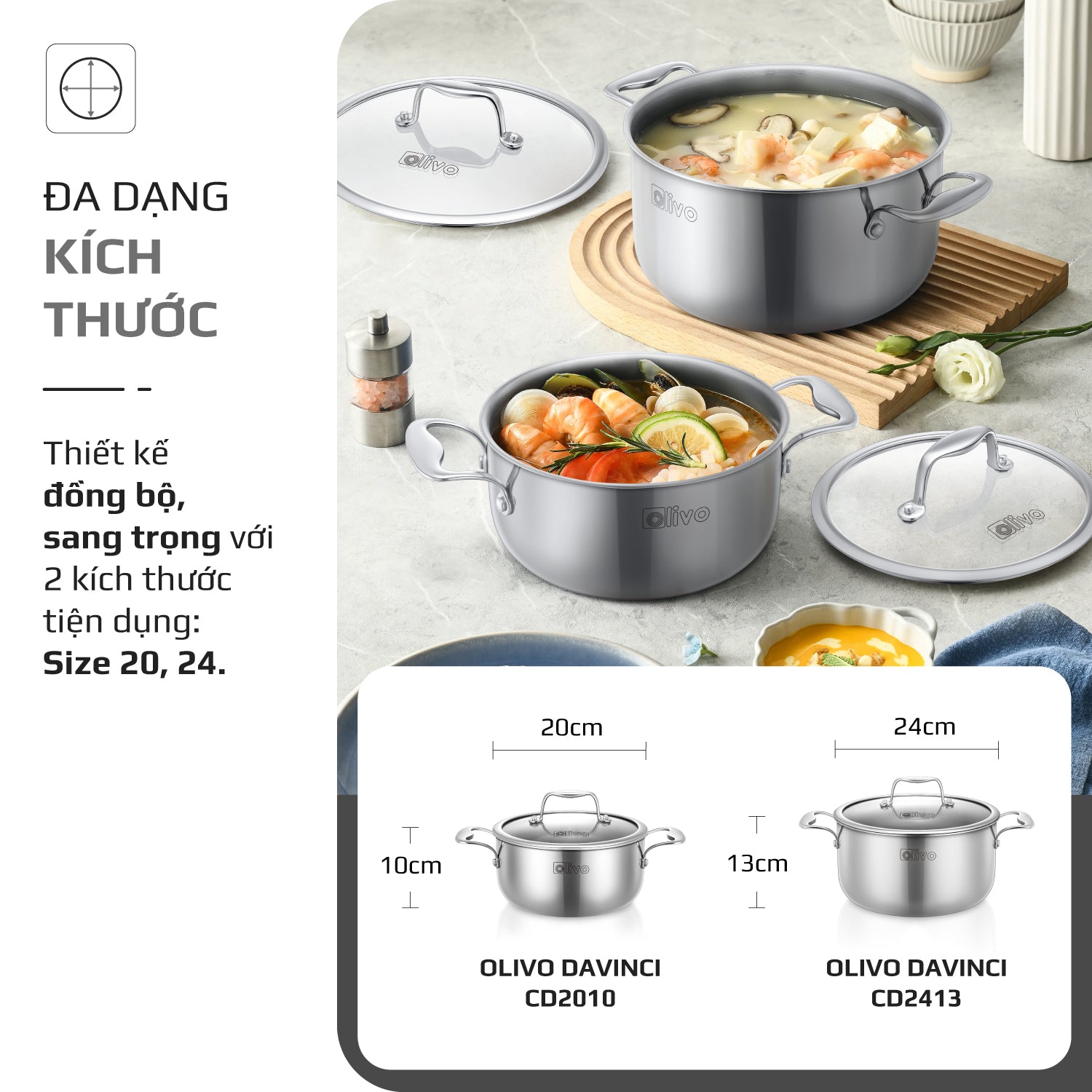 Bộ 2 Nồi OLIVO DAVINCI - Đa Dạng Kích Thước - Inox 3 Lớp - Nắp Kính Cường Lực - Nấu Được Trên Mọi Loại Bếp