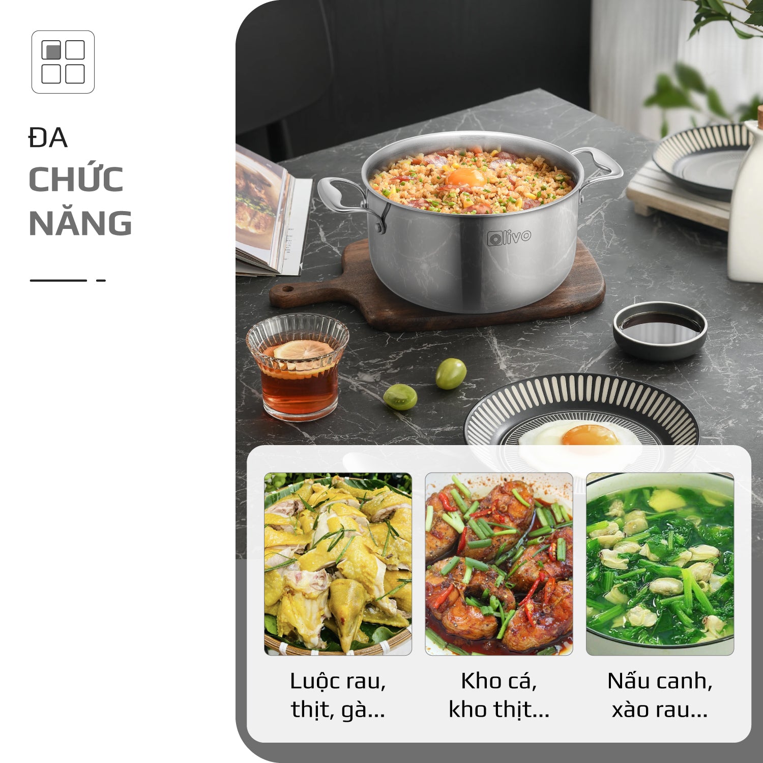 Bộ 2 Nồi OLIVO DAVINCI - Đa Dạng Kích Thước - Inox 3 Lớp - Nắp Kính Cường Lực - Nấu Được Trên Mọi Loại Bếp