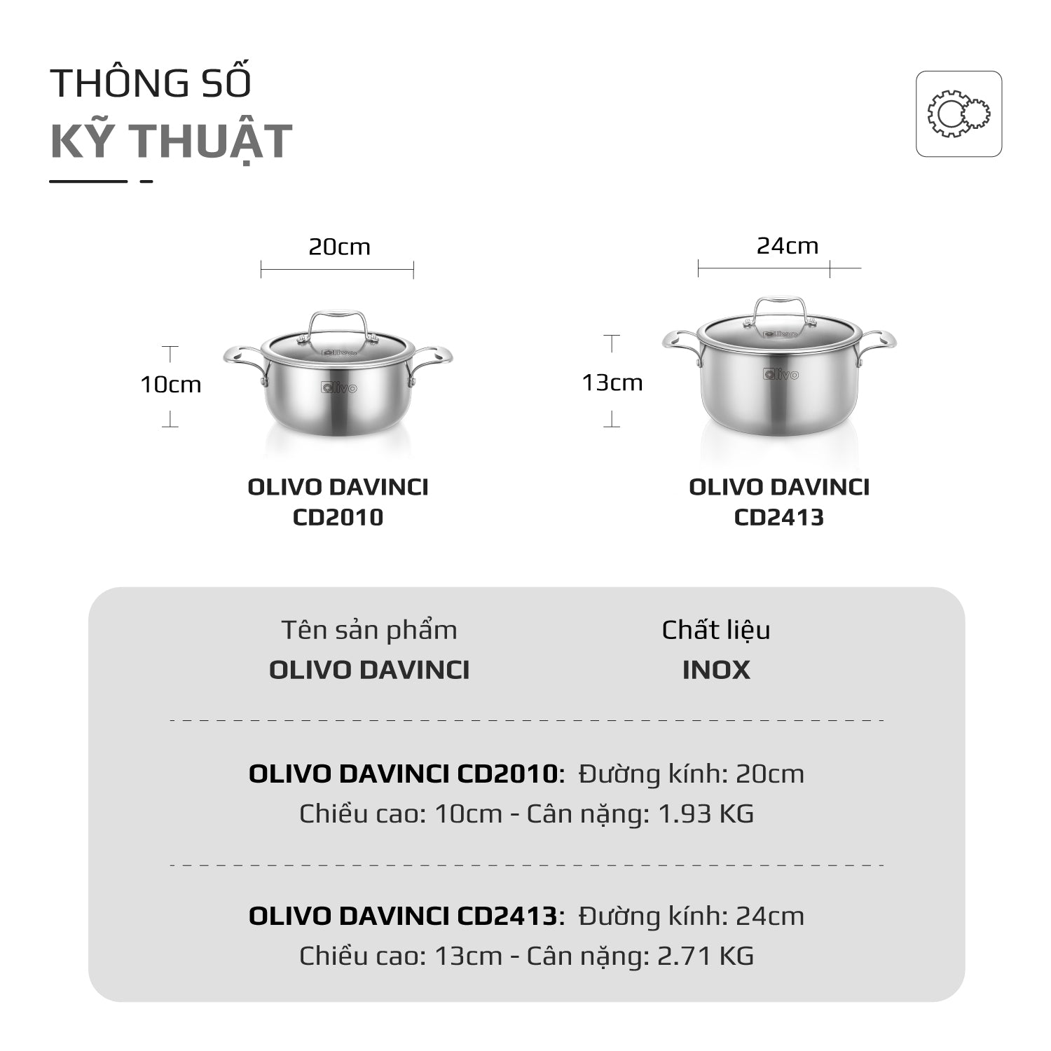 Bộ 2 Nồi OLIVO DAVINCI - Đa Dạng Kích Thước - Inox 3 Lớp - Nắp Kính Cường Lực - Nấu Được Trên Mọi Loại Bếp