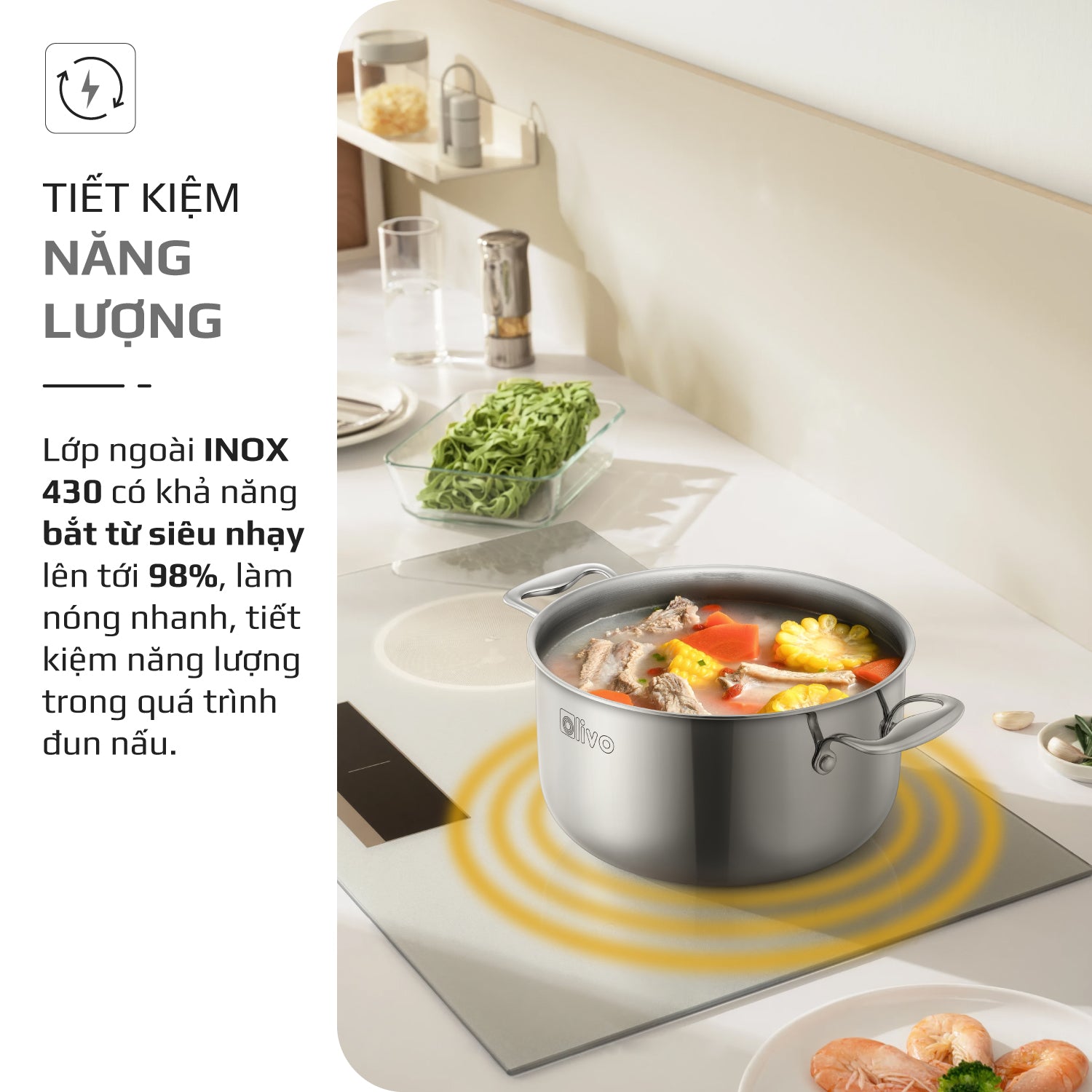 Bộ 2 Nồi OLIVO DAVINCI - Đa Dạng Kích Thước - Inox 3 Lớp - Nắp Kính Cường Lực - Nấu Được Trên Mọi Loại Bếp