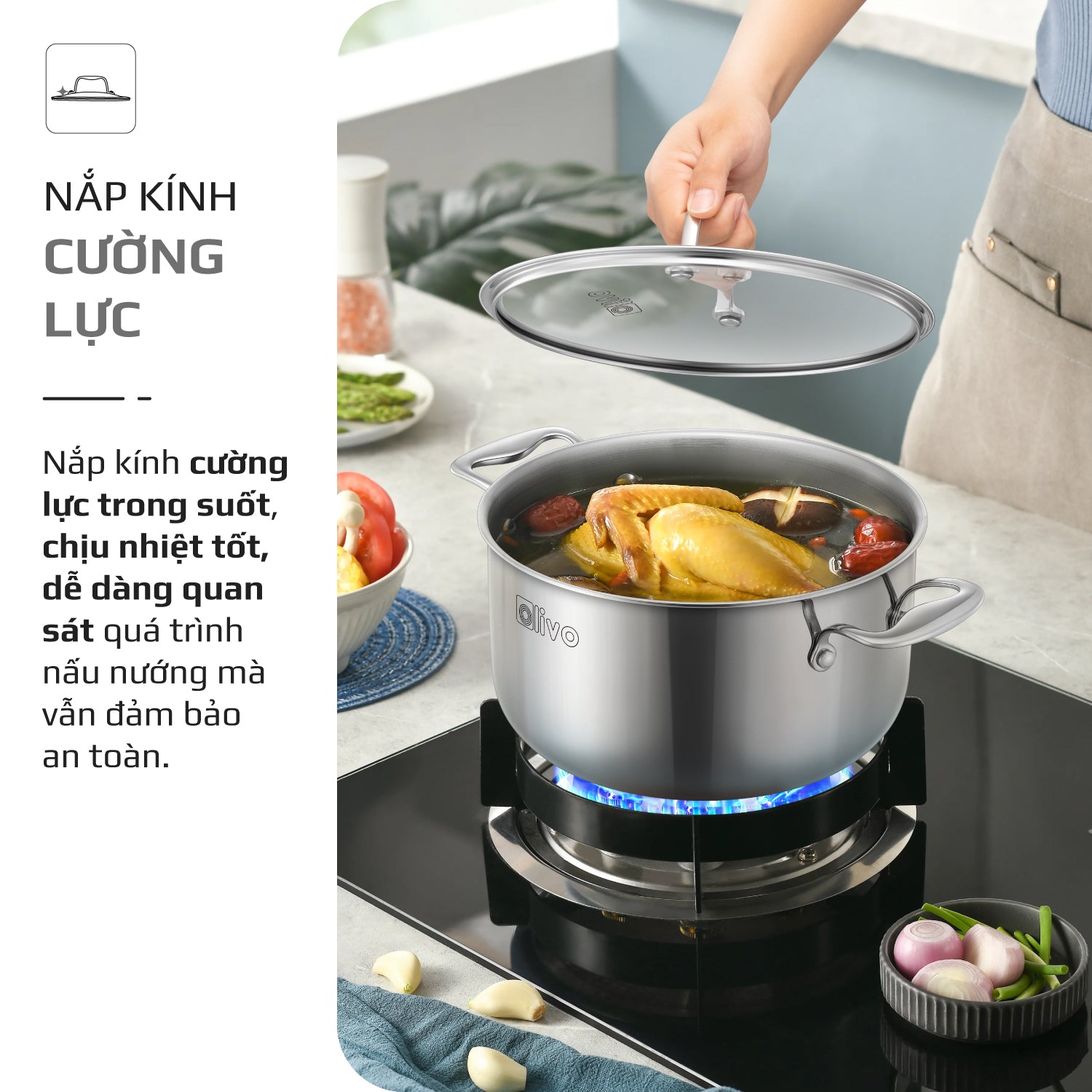 Bộ 2 Nồi OLIVO DAVINCI - Đa Dạng Kích Thước - Inox 3 Lớp - Nắp Kính Cường Lực - Nấu Được Trên Mọi Loại Bếp