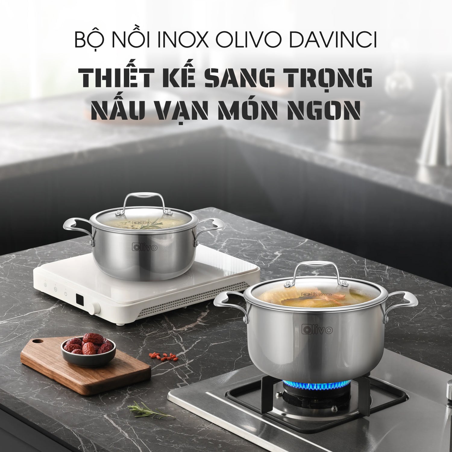 Bộ 2 Nồi OLIVO DAVINCI - Đa Dạng Kích Thước - Inox 3 Lớp - Nắp Kính Cường Lực - Nấu Được Trên Mọi Loại Bếp