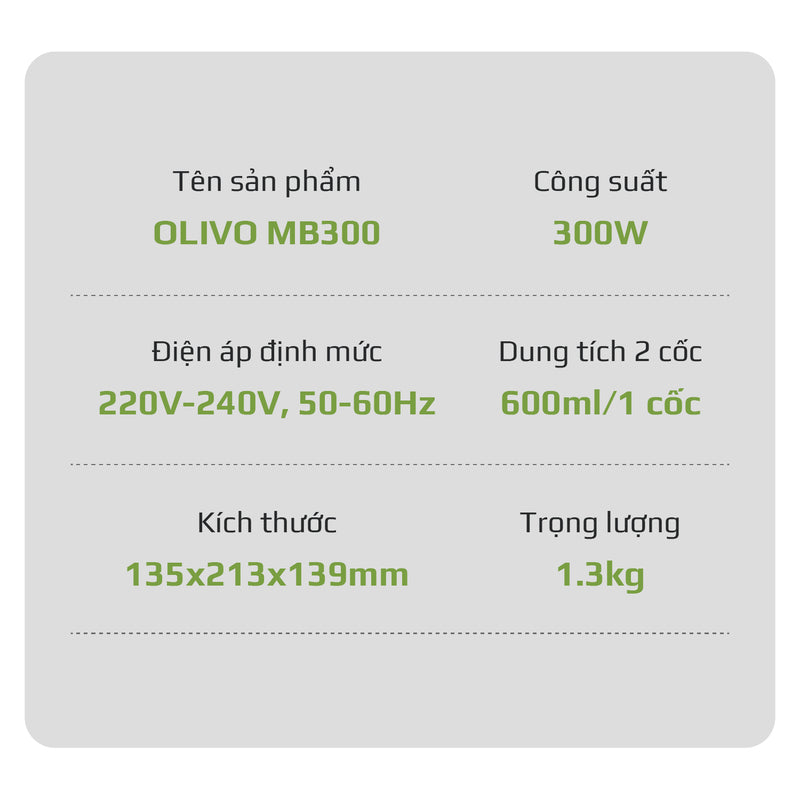 Máy Xay Sinh Tố OLIVO MB300 - 2 Cốc Linh Hoạt - Xay Đá Bào, Sinh Tố, Smoothie - Dung Tích 600ML