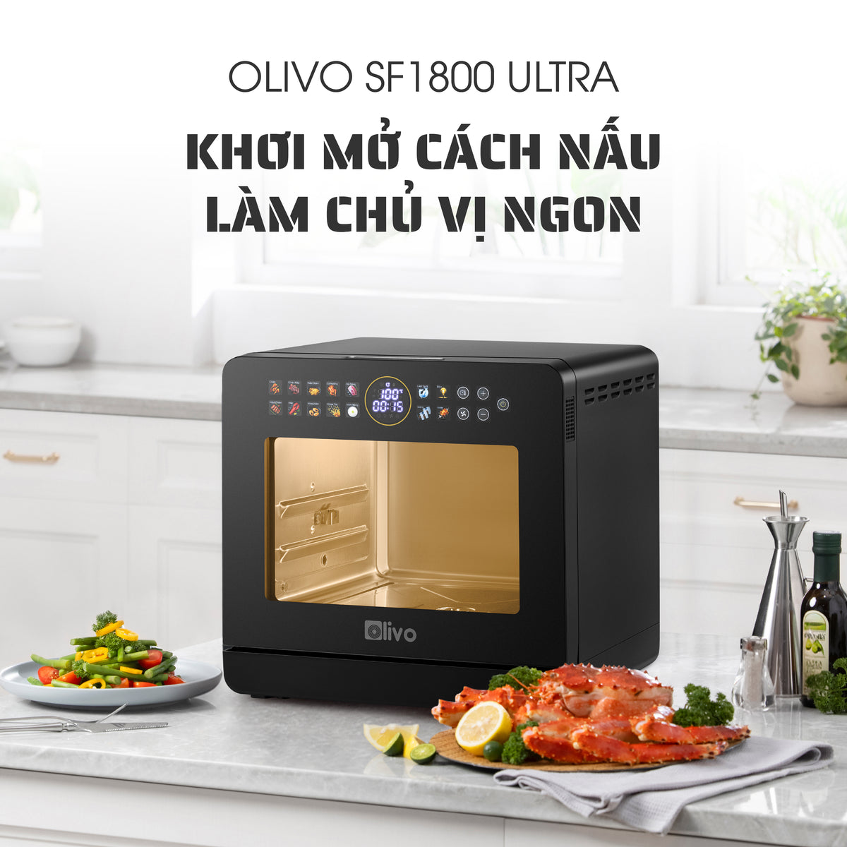 Nồi Chiên Hấp Đa Năng OLIVO SF1800 ULTRA - Dung Tích 18L - Công Nghệ Hấp GreenSteam/Chiên Eco Fry, 100 Chế Độ Cài Sẵn, Đột Phá Chiên Hấp Đa Giai Đoạn, Màu Titanium, Bảng Điều Khiển OLED Cao Cấp