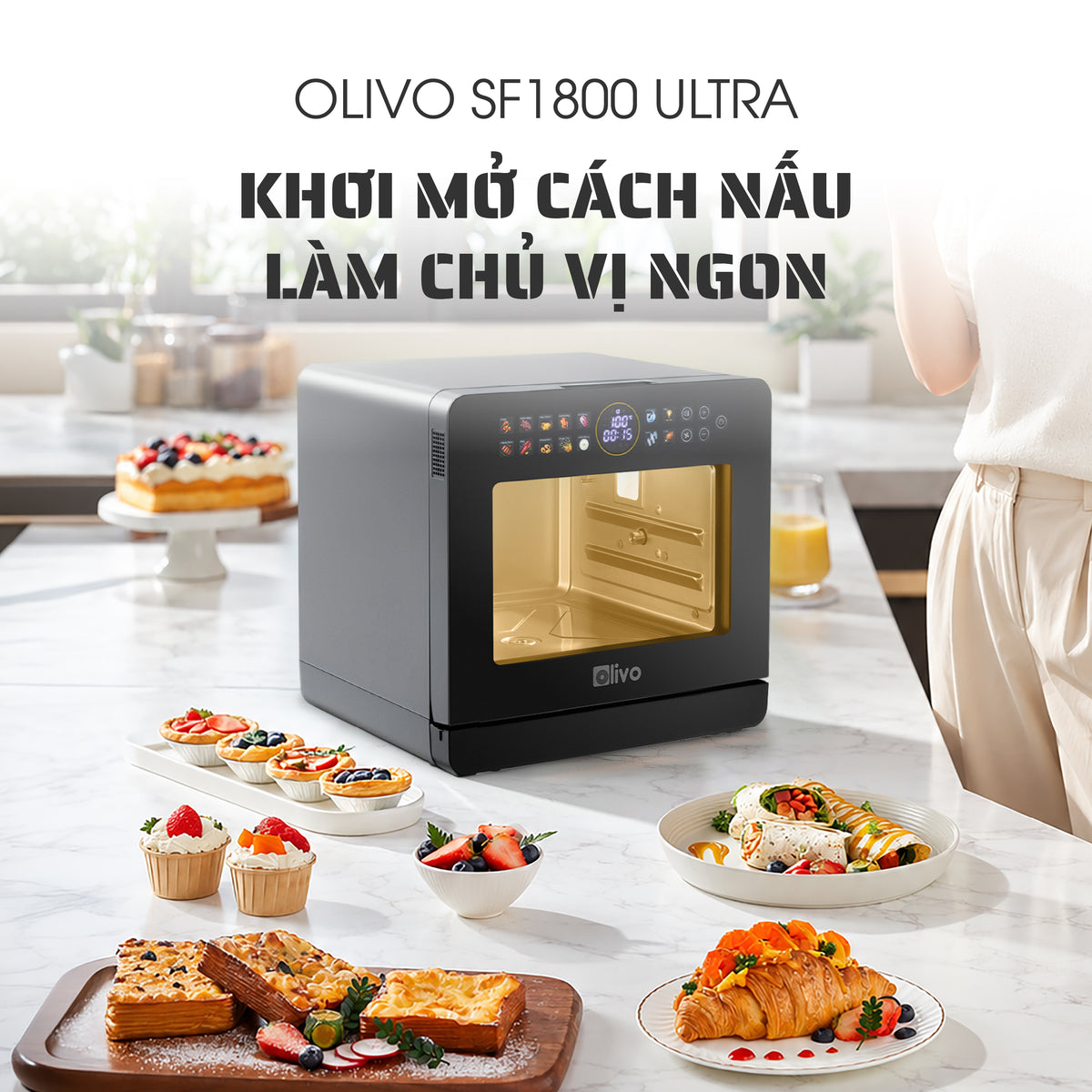 Nồi Chiên Hấp Đa Năng OLIVO SF1800 ULTRA - Dung Tích 18L - Công Nghệ Hấp GreenSteam/Chiên Eco Fry, 100 Chế Độ Cài Sẵn, Đột Phá Chiên Hấp Đa Giai Đoạn, Màu Titanium, Bảng Điều Khiển OLED Cao Cấp