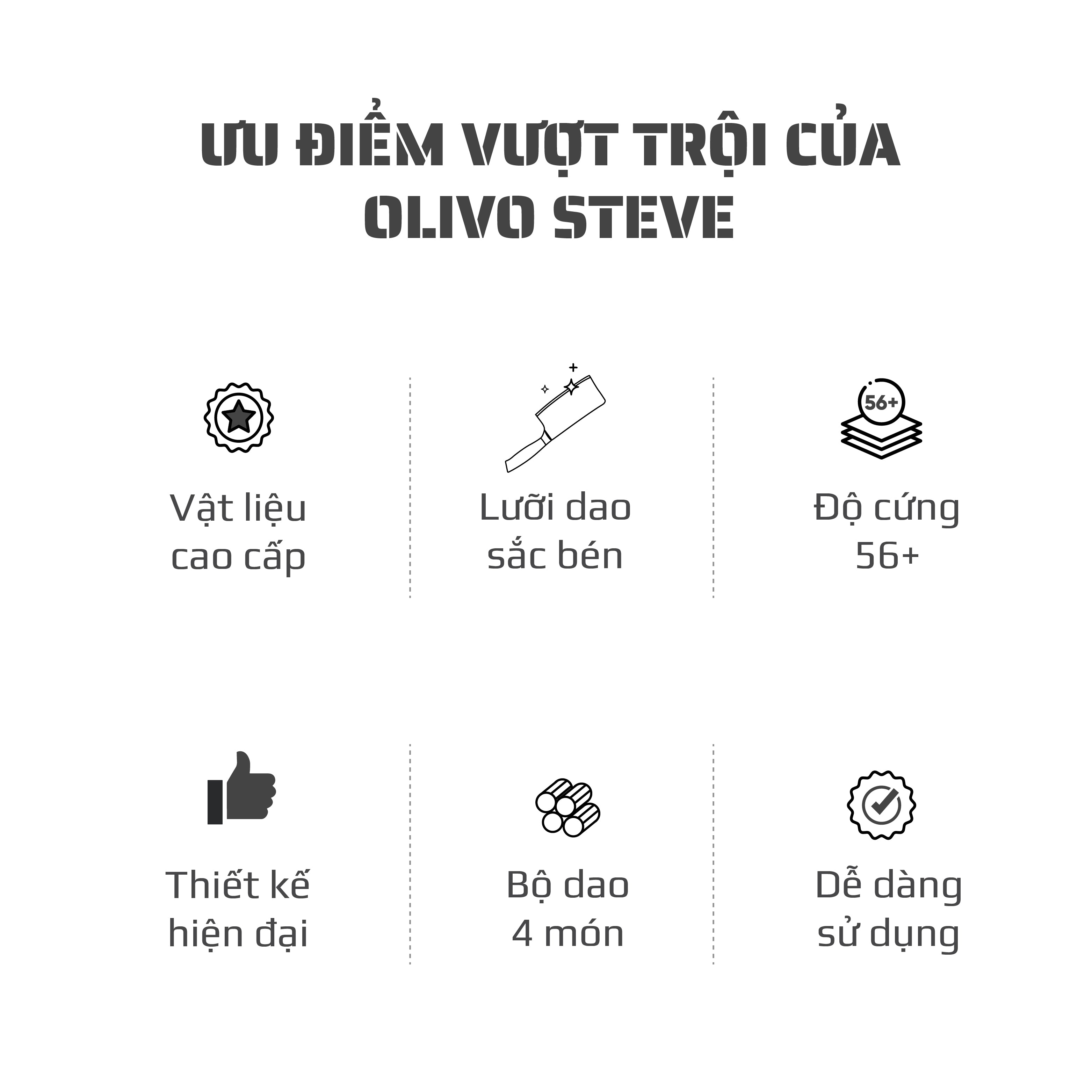 Bộ Dao 4 Món OLIVO STEVE - Vật Liệu Cao Cấp - Chuôi Gỗ Hồng - Thiết Kế Công Thái Học - Lưỡi Dao Sắc Bén