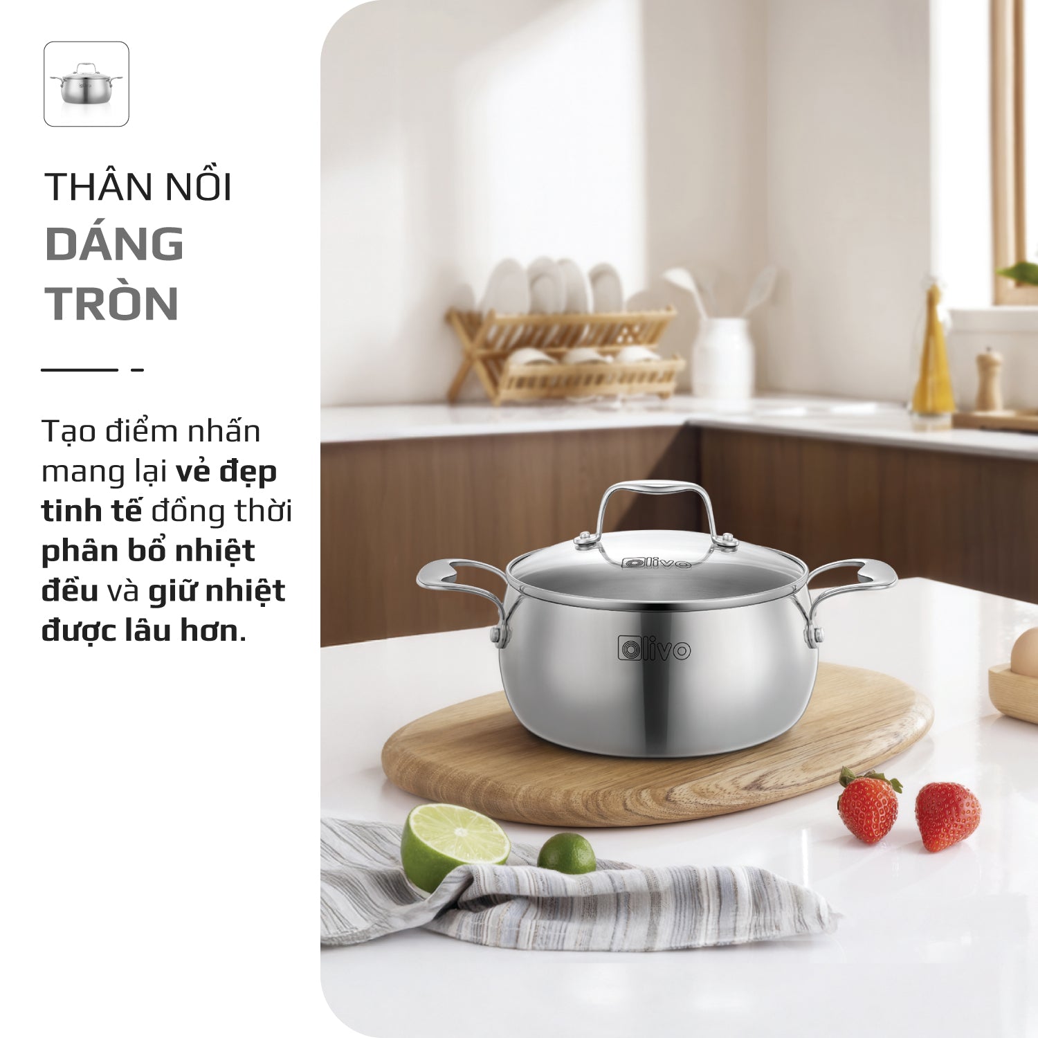 Bộ Nồi Olivo Steve CS - Bộ 3 Nồi - Đa Dạng Kích Thước - Inox 3 Lớp - Nắp Kính Cường Lực - Nấu Được Trên Mọi Loại Bếp