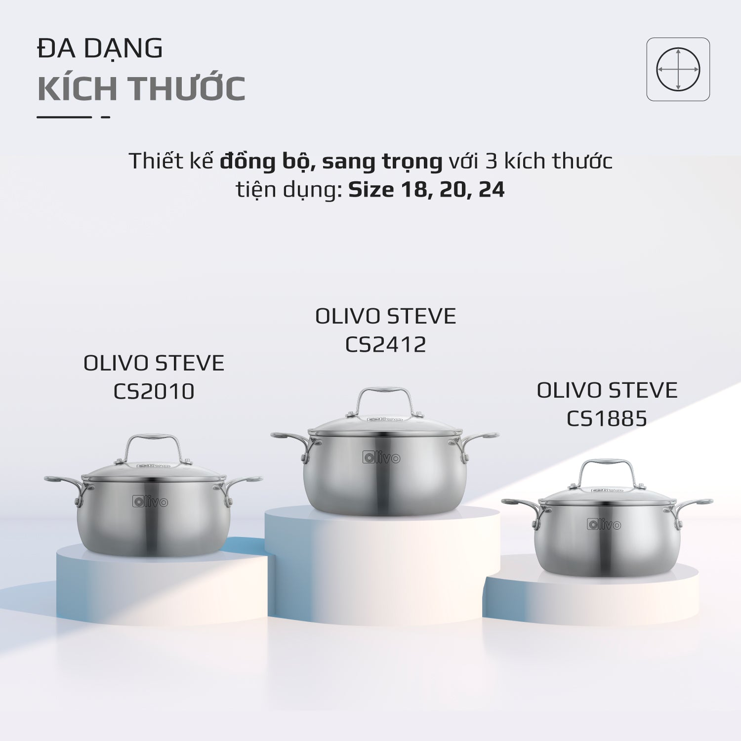 Bộ Nồi Olivo Steve CS - Bộ 3 Nồi - Đa Dạng Kích Thước - Inox 3 Lớp - Nắp Kính Cường Lực - Nấu Được Trên Mọi Loại Bếp