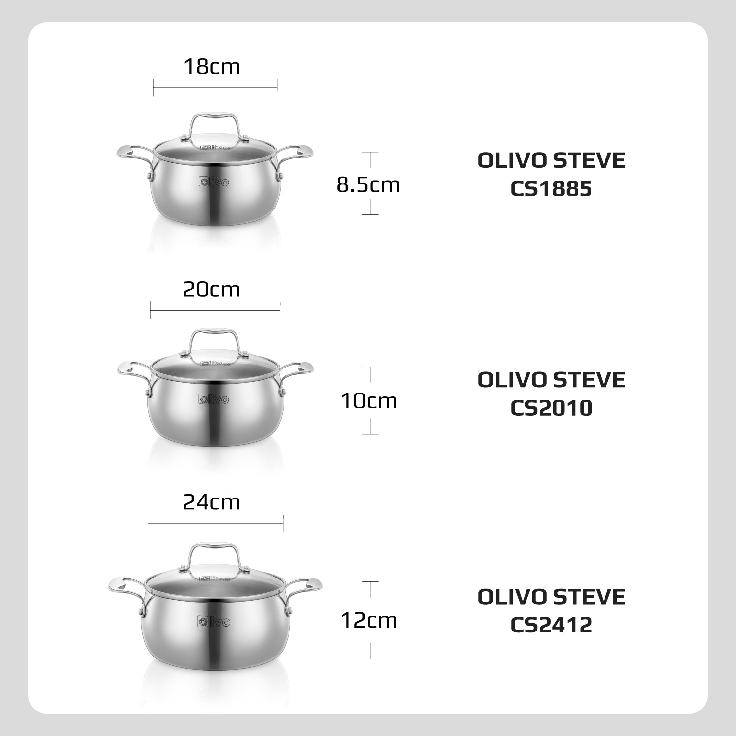 Bộ Nồi Olivo Steve CS - Bộ 3 Nồi - Đa Dạng Kích Thước - Inox 3 Lớp - Nắp Kính Cường Lực - Nấu Được Trên Mọi Loại Bếp