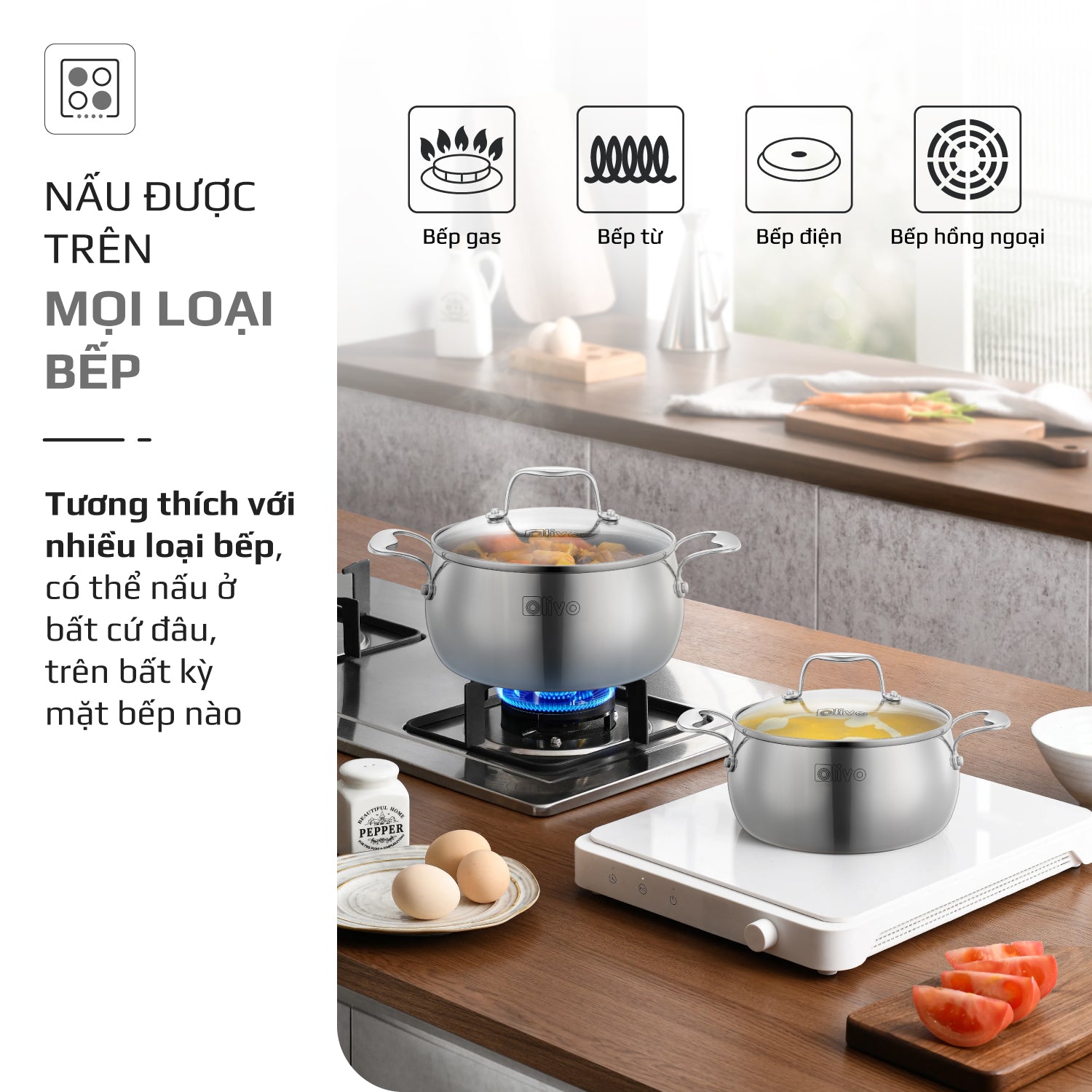 Bộ Nồi Olivo Steve CS - Bộ 3 Nồi - Đa Dạng Kích Thước - Inox 3 Lớp - Nắp Kính Cường Lực - Nấu Được Trên Mọi Loại Bếp