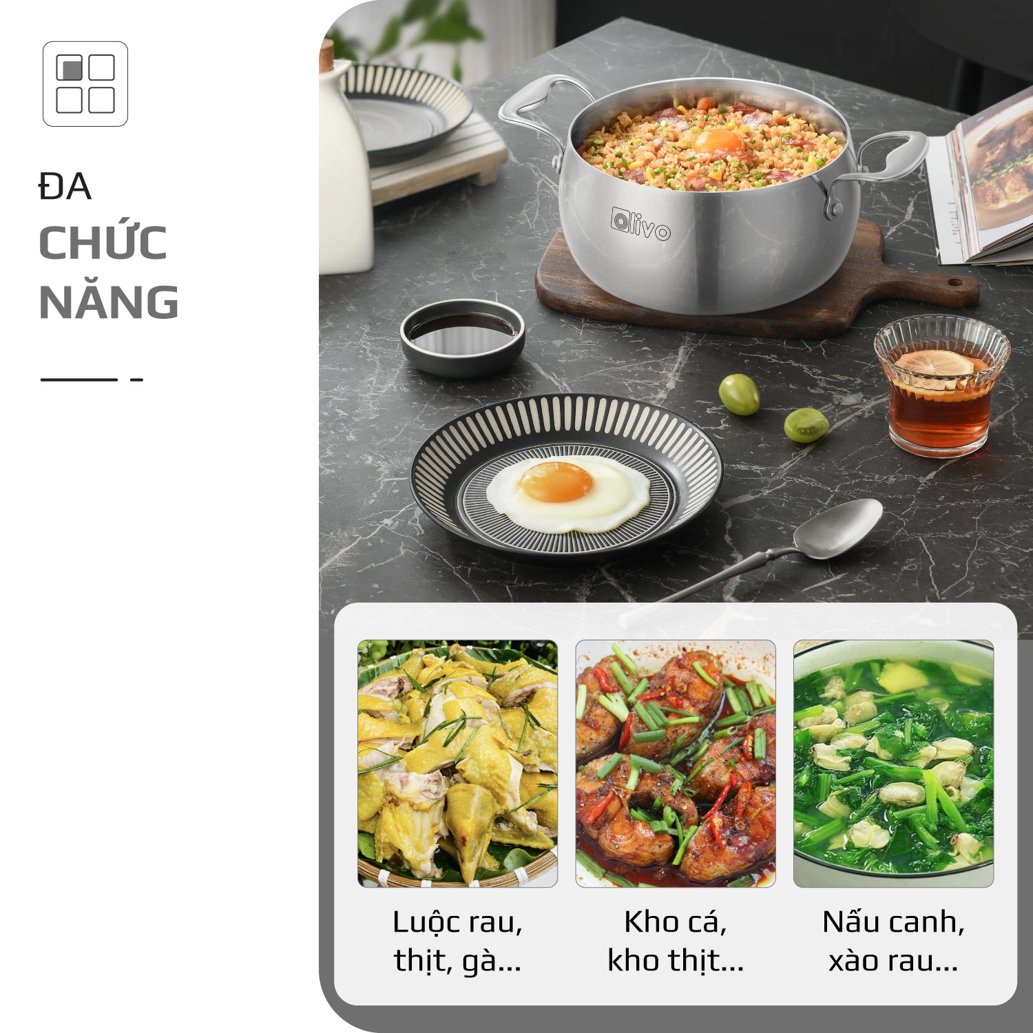 Bộ Nồi Olivo Steve CS - Bộ 3 Nồi - Đa Dạng Kích Thước - Inox 3 Lớp - Nắp Kính Cường Lực - Nấu Được Trên Mọi Loại Bếp