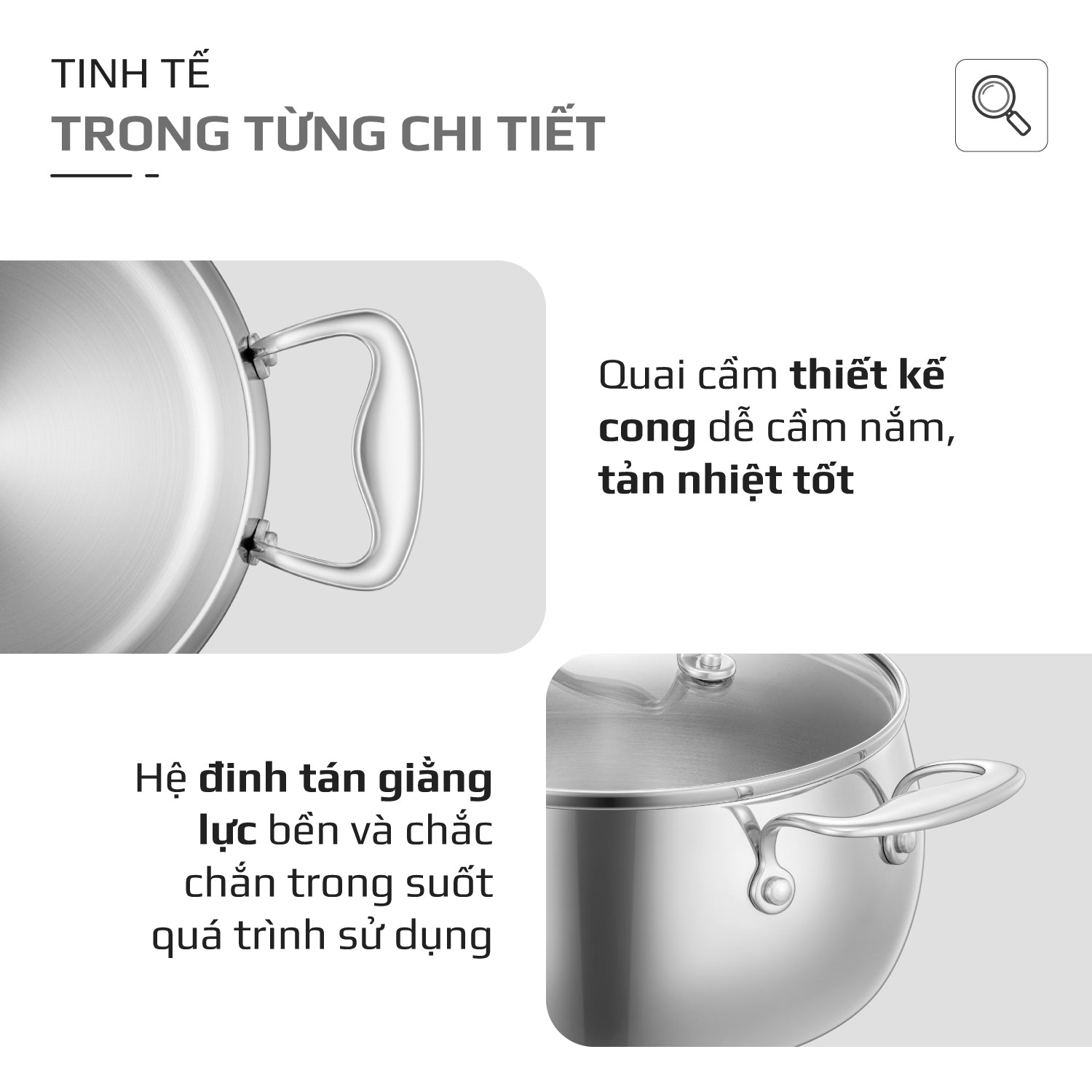 Bộ Nồi Olivo Steve CS - Bộ 3 Nồi - Đa Dạng Kích Thước - Inox 3 Lớp - Nắp Kính Cường Lực - Nấu Được Trên Mọi Loại Bếp