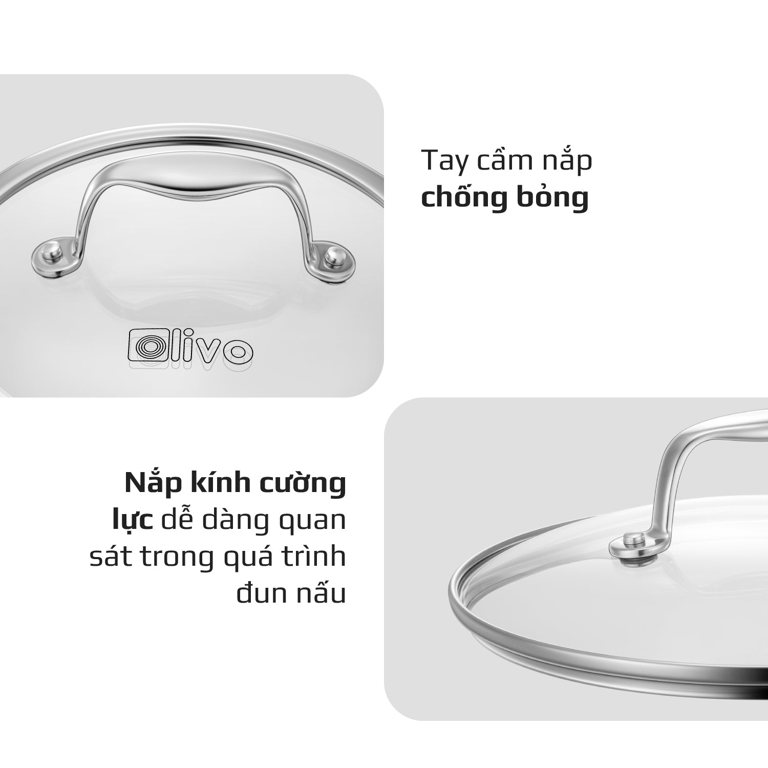 Bộ Nồi Olivo Steve CS - Bộ 3 Nồi - Đa Dạng Kích Thước - Inox 3 Lớp - Nắp Kính Cường Lực - Nấu Được Trên Mọi Loại Bếp