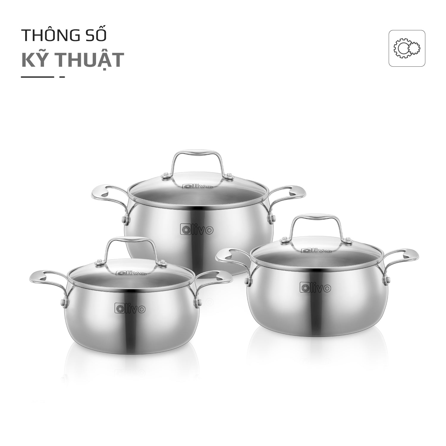 Bộ Nồi Olivo Steve CS - Bộ 3 Nồi - Đa Dạng Kích Thước - Inox 3 Lớp - Nắp Kính Cường Lực - Nấu Được Trên Mọi Loại Bếp