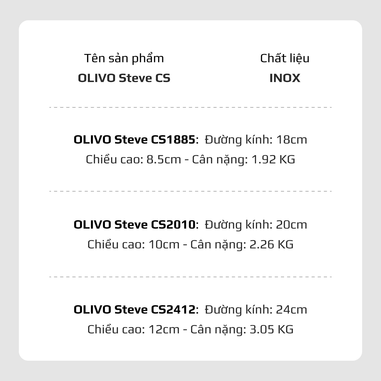 Bộ Nồi Olivo Steve CS - Bộ 3 Nồi - Đa Dạng Kích Thước - Inox 3 Lớp - Nắp Kính Cường Lực - Nấu Được Trên Mọi Loại Bếp