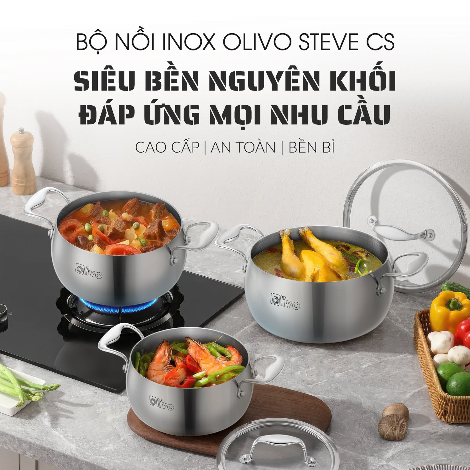 Bộ Nồi Olivo Steve CS - Bộ 3 Nồi - Đa Dạng Kích Thước - Inox 3 Lớp - Nắp Kính Cường Lực - Nấu Được Trên Mọi Loại Bếp
