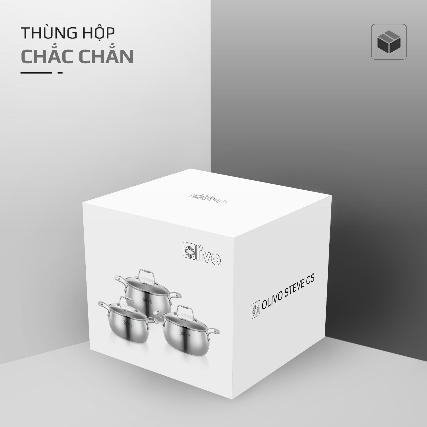 Bộ Nồi Olivo Steve CS - Bộ 3 Nồi - Đa Dạng Kích Thước - Inox 3 Lớp - Nắp Kính Cường Lực - Nấu Được Trên Mọi Loại Bếp