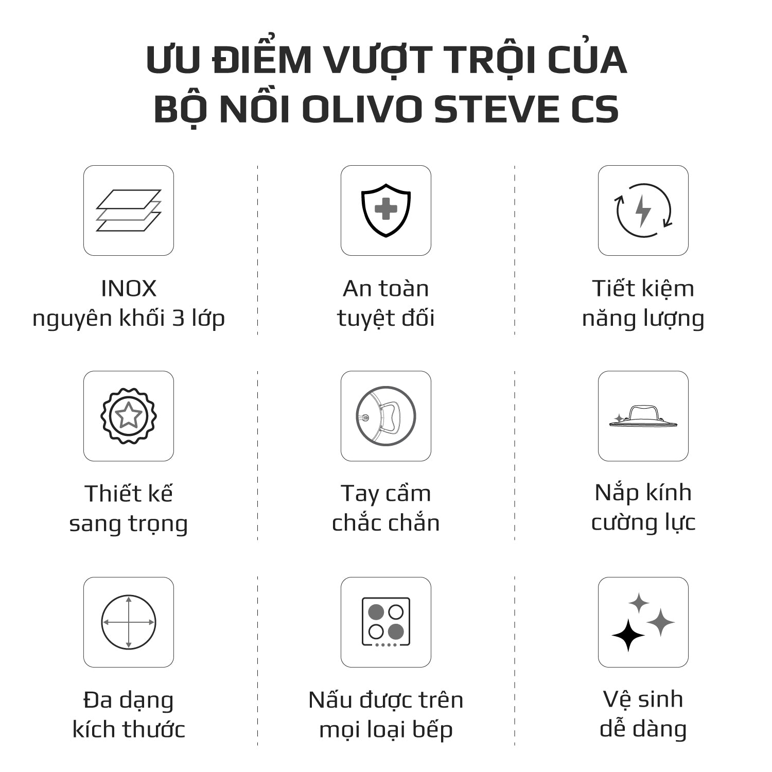 Bộ Nồi Olivo Steve CS - Bộ 3 Nồi - Đa Dạng Kích Thước - Inox 3 Lớp - Nắp Kính Cường Lực - Nấu Được Trên Mọi Loại Bếp