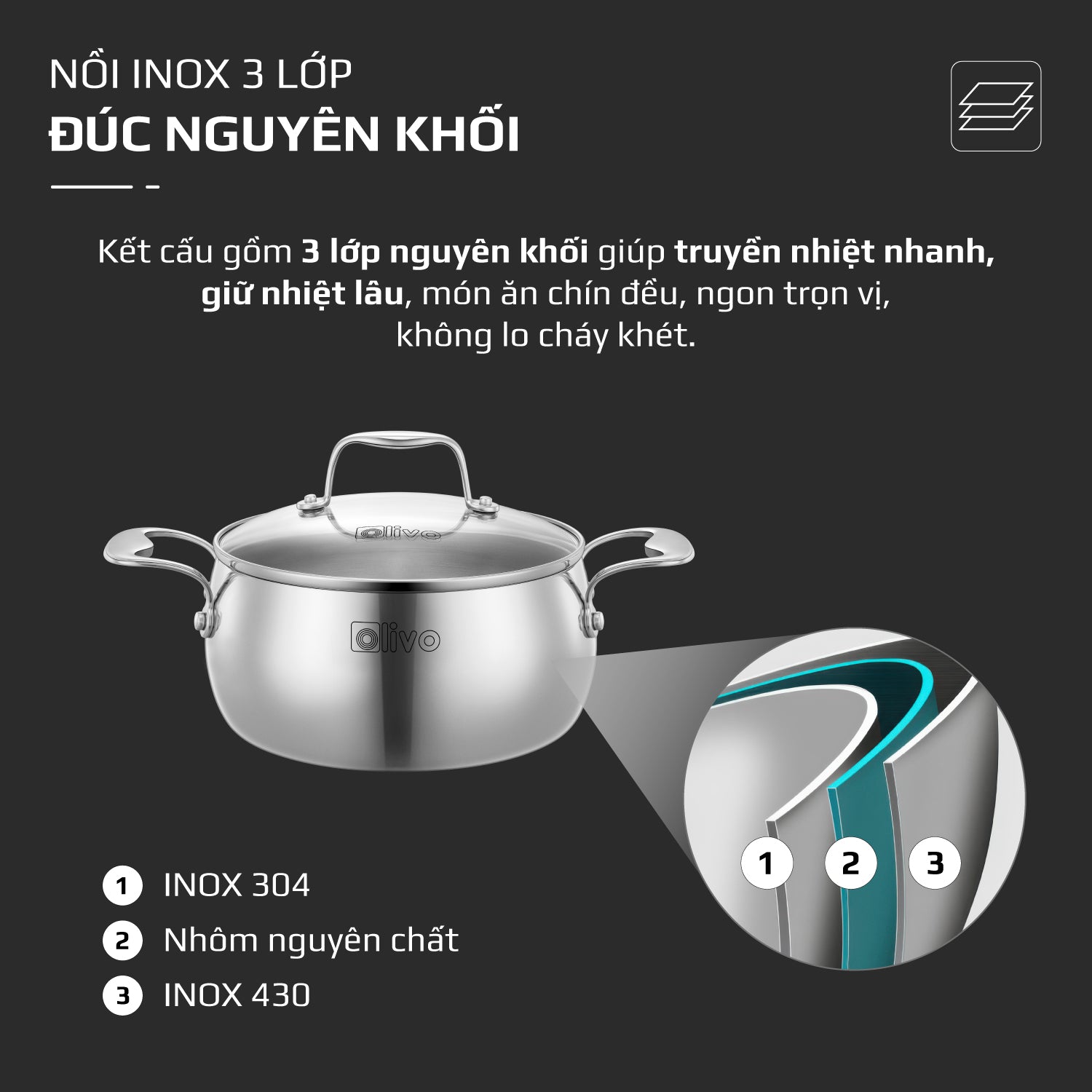 Bộ Nồi Olivo Steve CS - Bộ 3 Nồi - Đa Dạng Kích Thước - Inox 3 Lớp - Nắp Kính Cường Lực - Nấu Được Trên Mọi Loại Bếp