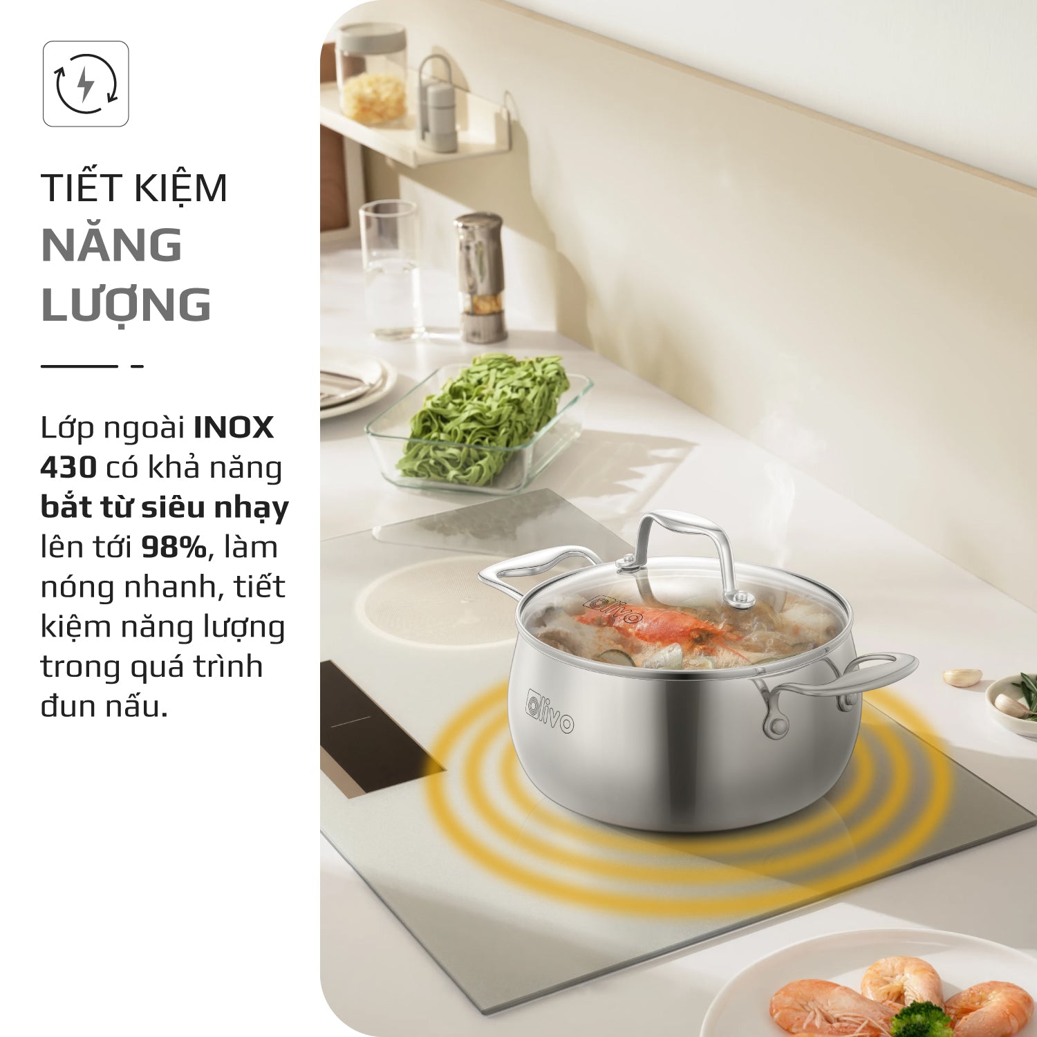 Bộ Nồi Olivo Steve CS - Bộ 3 Nồi - Đa Dạng Kích Thước - Inox 3 Lớp - Nắp Kính Cường Lực - Nấu Được Trên Mọi Loại Bếp