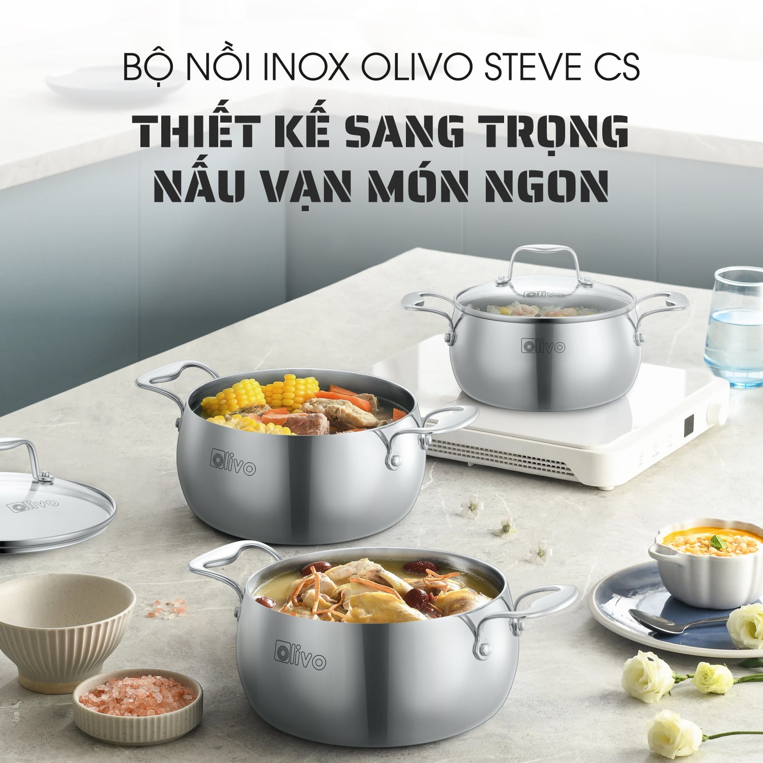 Bộ Nồi Olivo Steve CS - Bộ 3 Nồi - Đa Dạng Kích Thước - Inox 3 Lớp - Nắp Kính Cường Lực - Nấu Được Trên Mọi Loại Bếp