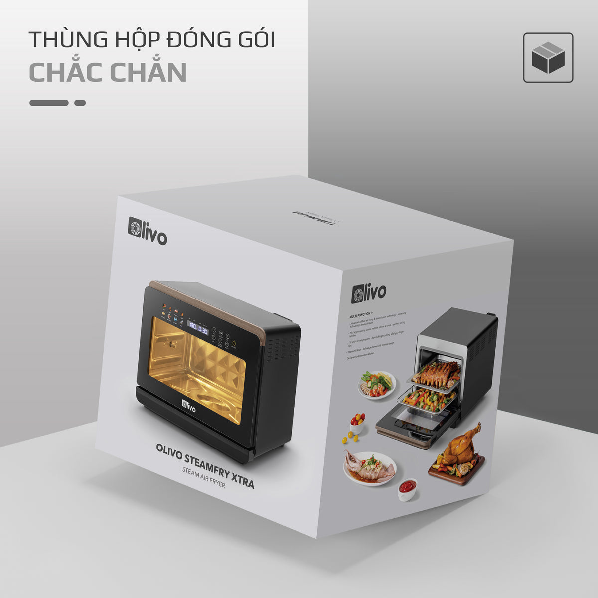 Nồi Chiên Hấp Đa Năng OLIVO SF1800 ULTRA - Dung Tích 18L - Công Nghệ Hấp GreenSteam/Chiên Eco Fry, 100 Chế Độ Cài Sẵn, Đột Phá Chiên Hấp Đa Giai Đoạn, Màu Titanium, Bảng Điều Khiển OLED Cao Cấp