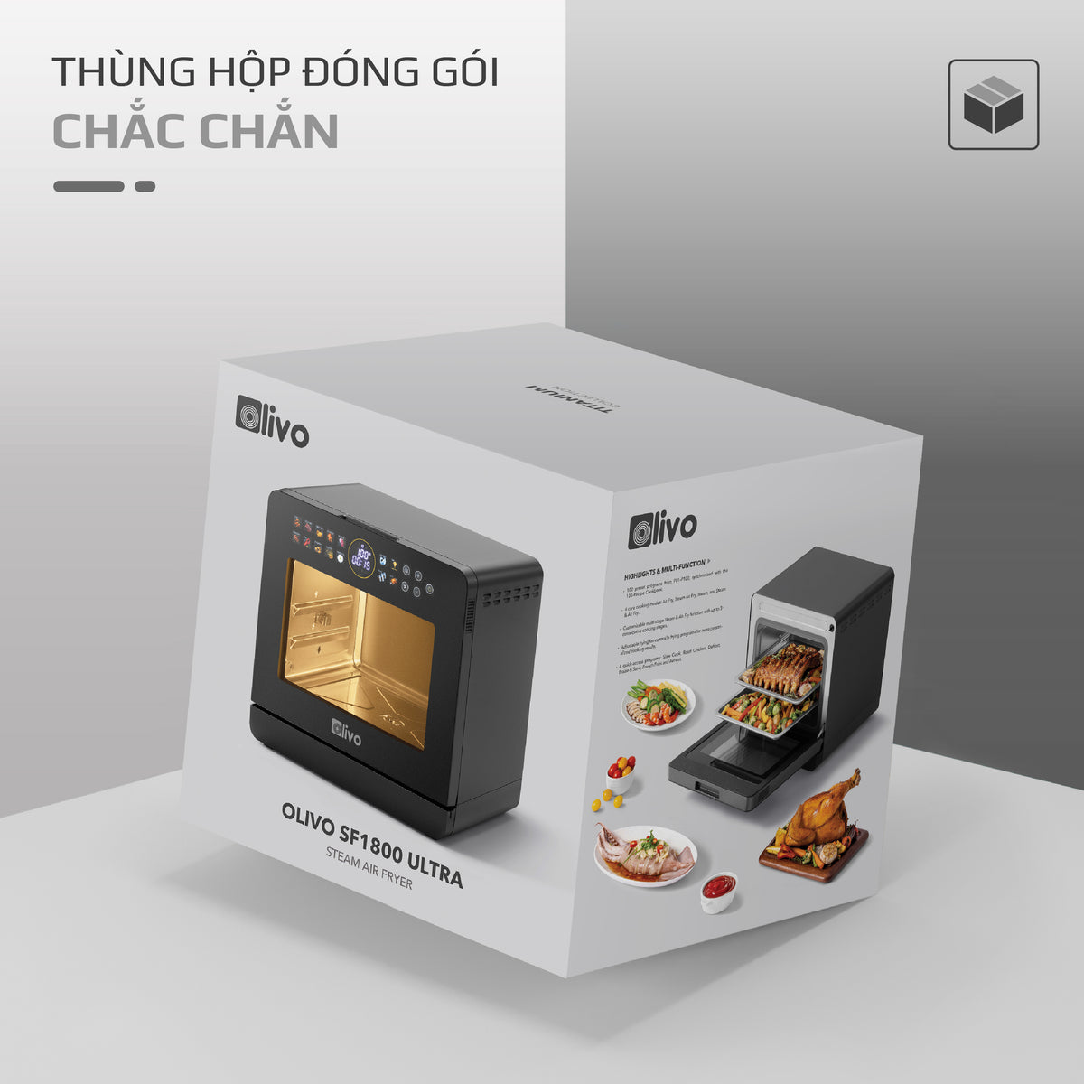 Nồi Chiên Hấp Đa Năng OLIVO SF1800 ULTRA - Dung Tích 18L - Công Nghệ Hấp GreenSteam/Chiên Eco Fry, 100 Chế Độ Cài Sẵn, Đột Phá Chiên Hấp Đa Giai Đoạn, Màu Titanium, Bảng Điều Khiển OLED Cao Cấp