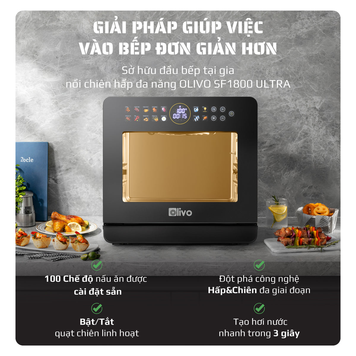 Nồi Chiên Hấp Đa Năng OLIVO SF1800 ULTRA - Dung Tích 18L - Công Nghệ Hấp GreenSteam/Chiên Eco Fry, 100 Chế Độ Cài Sẵn, Đột Phá Chiên Hấp Đa Giai Đoạn, Màu Titanium, Bảng Điều Khiển OLED Cao Cấp