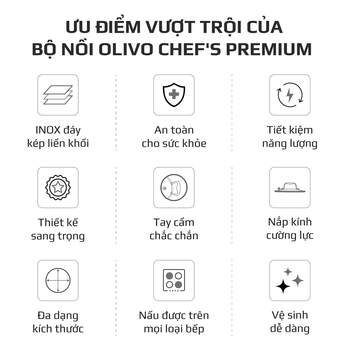 Bộ Nồi Inox OLIVO Chef’s Premium - Bộ 3 Nồi - Đa Dạng Kích Thước - Đáy Kép Liền Khối - Nắp Kính Cường Lực - Nấu Được Trên Mọi Loại Bếp