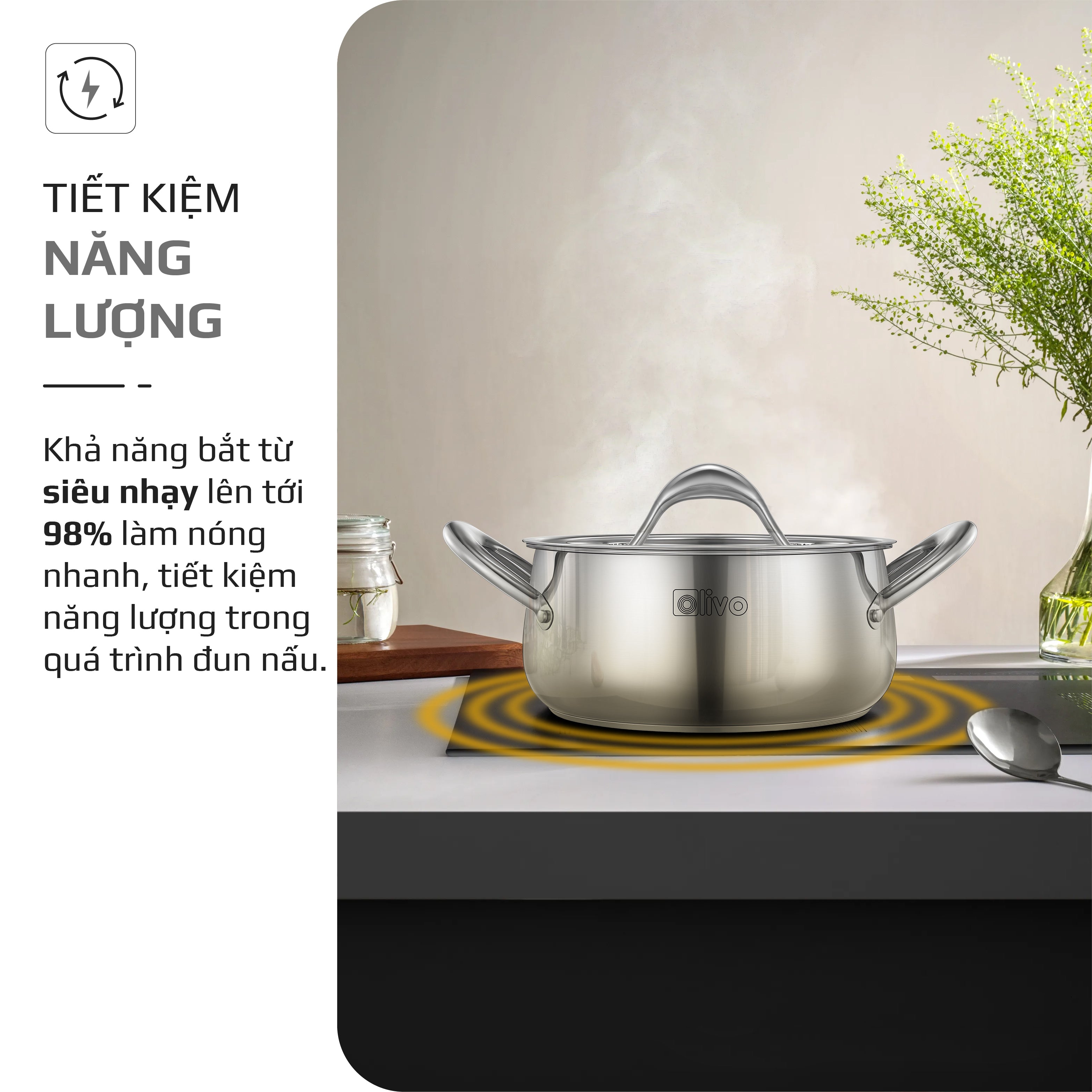 Bộ Nồi Inox OLIVO Chef’s Premium - Bộ 3 Nồi - Đa Dạng Kích Thước - Đáy Kép Liền Khối - Nắp Kính Cường Lực - Nấu Được Trên Mọi Loại Bếp