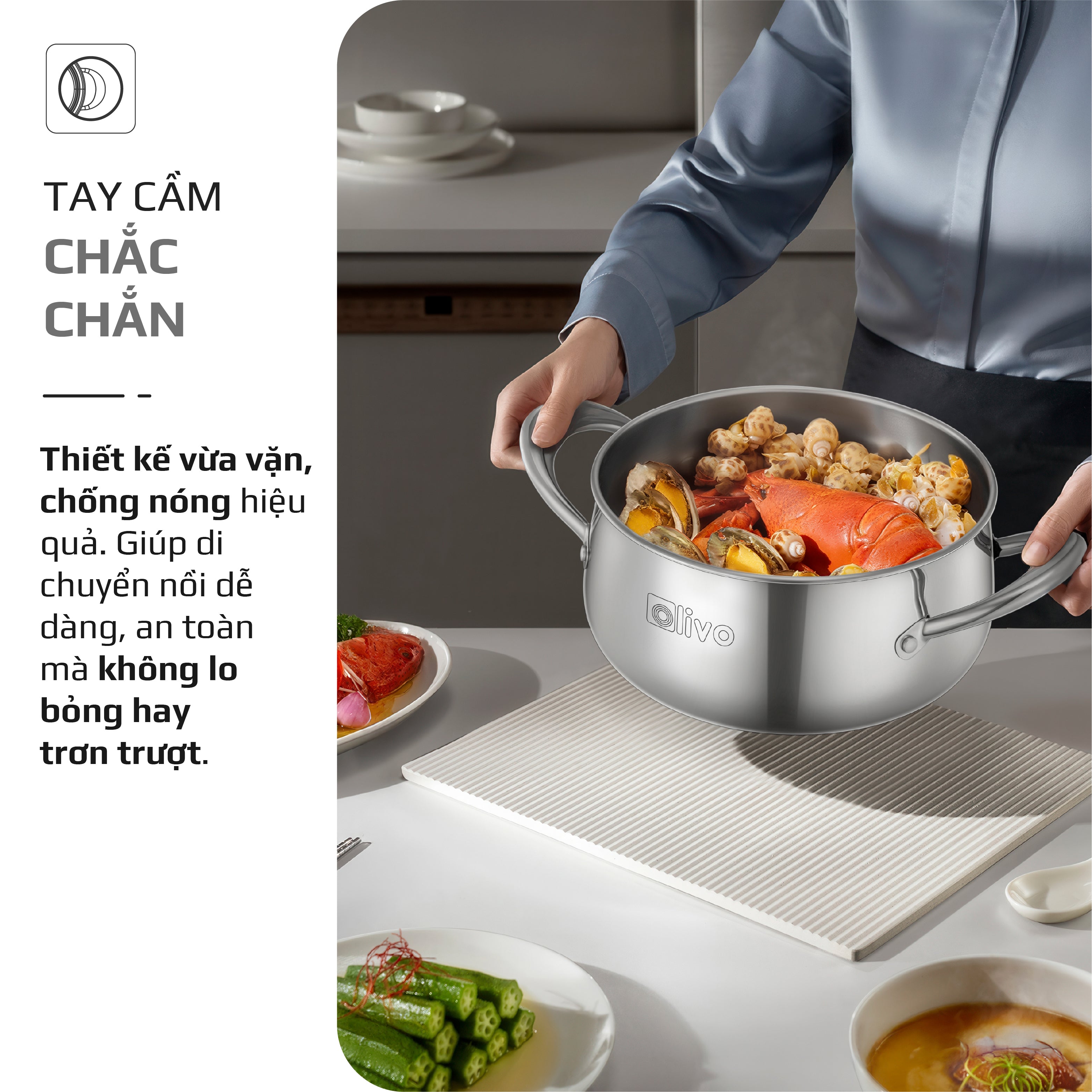 Bộ Nồi Inox OLIVO Chef’s Premium - Bộ 3 Nồi - Đa Dạng Kích Thước - Đáy Kép Liền Khối - Nắp Kính Cường Lực - Nấu Được Trên Mọi Loại Bếp