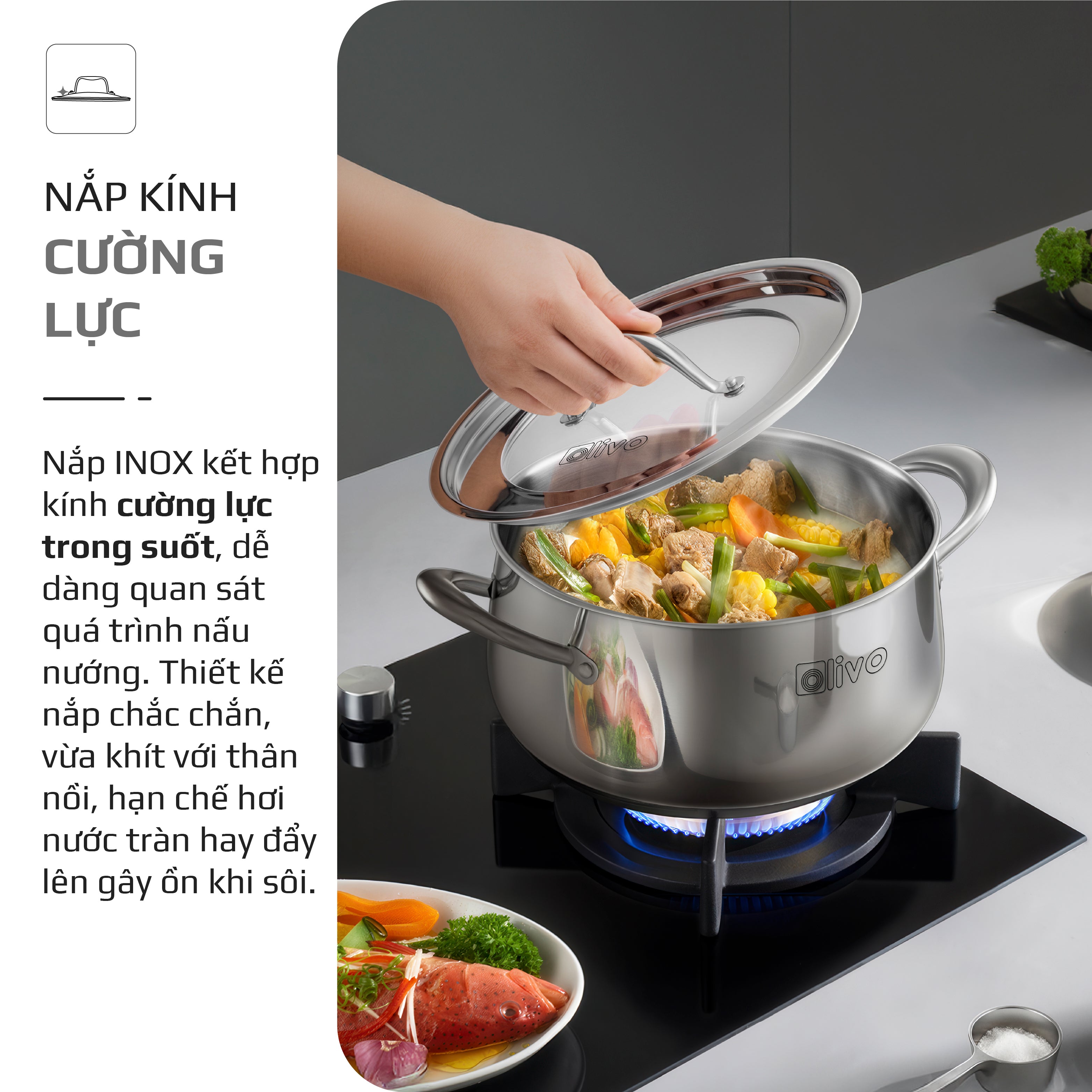 Bộ Nồi Inox OLIVO Chef’s Premium - Bộ 3 Nồi - Đa Dạng Kích Thước - Đáy Kép Liền Khối - Nắp Kính Cường Lực - Nấu Được Trên Mọi Loại Bếp