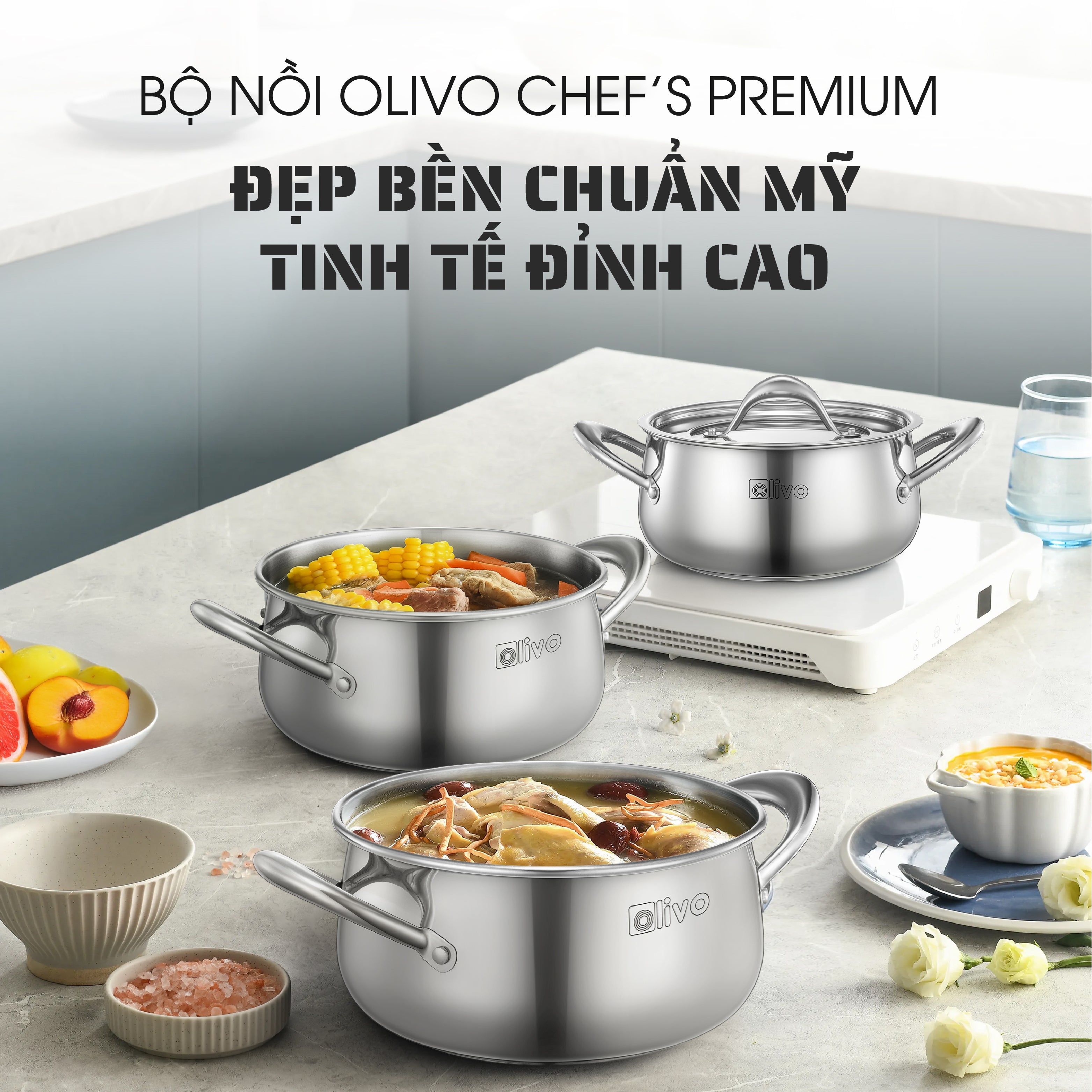 Bộ Nồi Inox OLIVO Chef’s Premium - Bộ 3 Nồi - Đa Dạng Kích Thước - Đáy Kép Liền Khối - Nắp Kính Cường Lực - Nấu Được Trên Mọi Loại Bếp