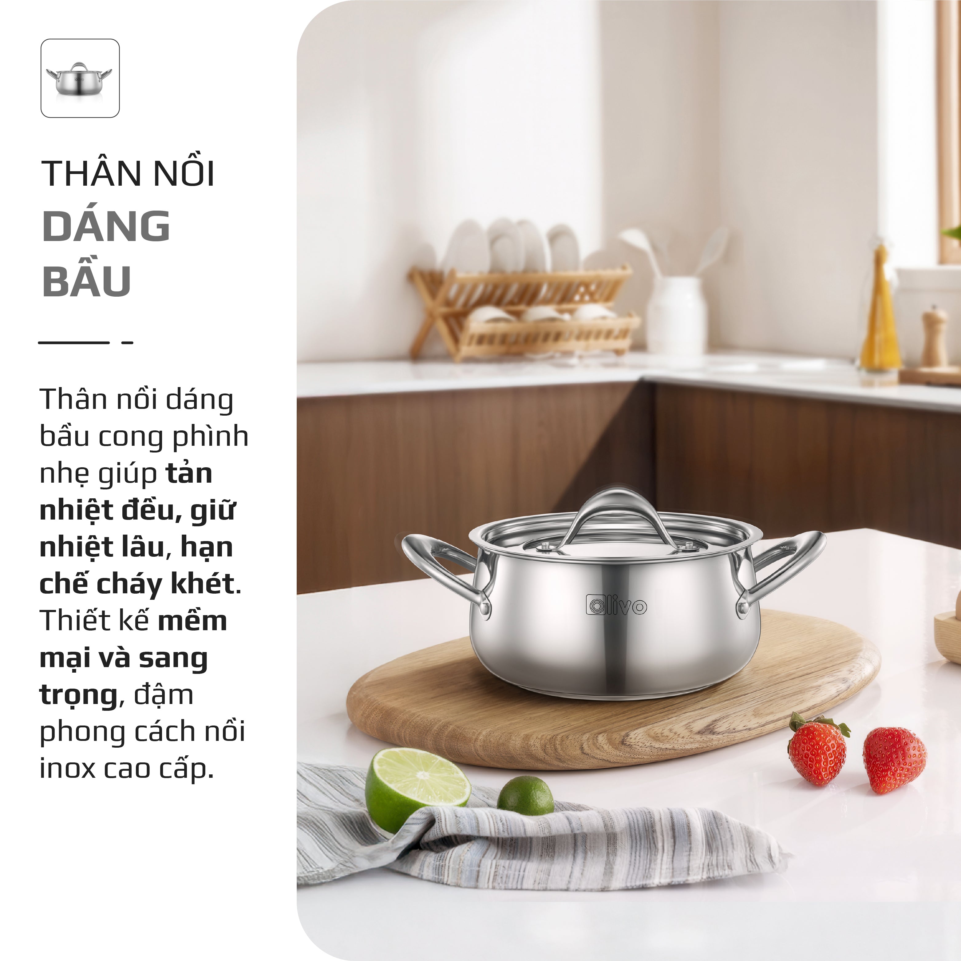 Bộ Nồi Inox OLIVO Chef’s Premium - Bộ 3 Nồi - Đa Dạng Kích Thước - Đáy Kép Liền Khối - Nắp Kính Cường Lực - Nấu Được Trên Mọi Loại Bếp